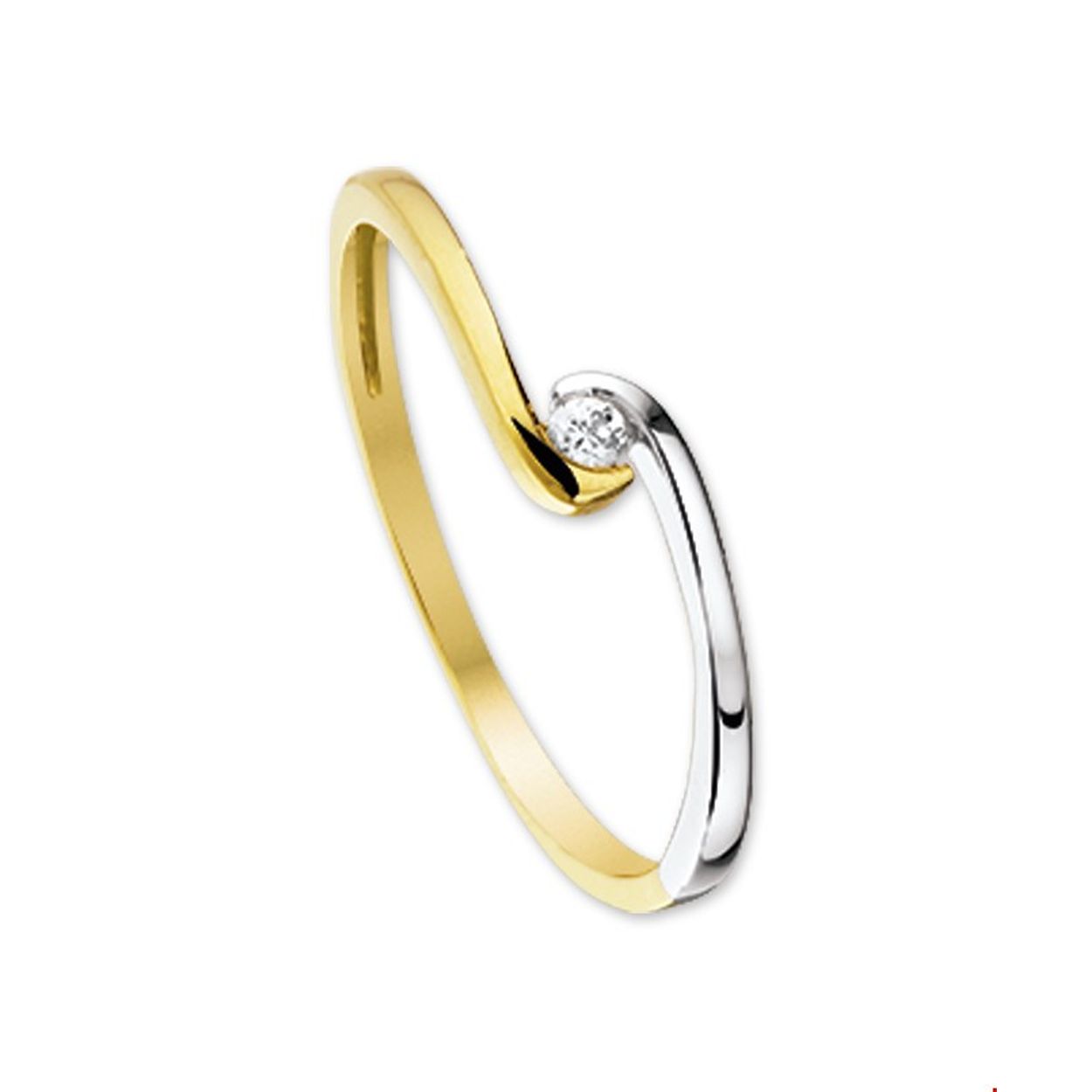 Beschrijving: Bicolor wit- en geelgouden ring met zirkonia. 
Uniekenummer serie: 26666
Verpakt per: 1
Doelgroep: dames
Ringmaat: 18.50 mm (58)
Breedte: 4.5 mm
Zetting: solitaire (span zetting)