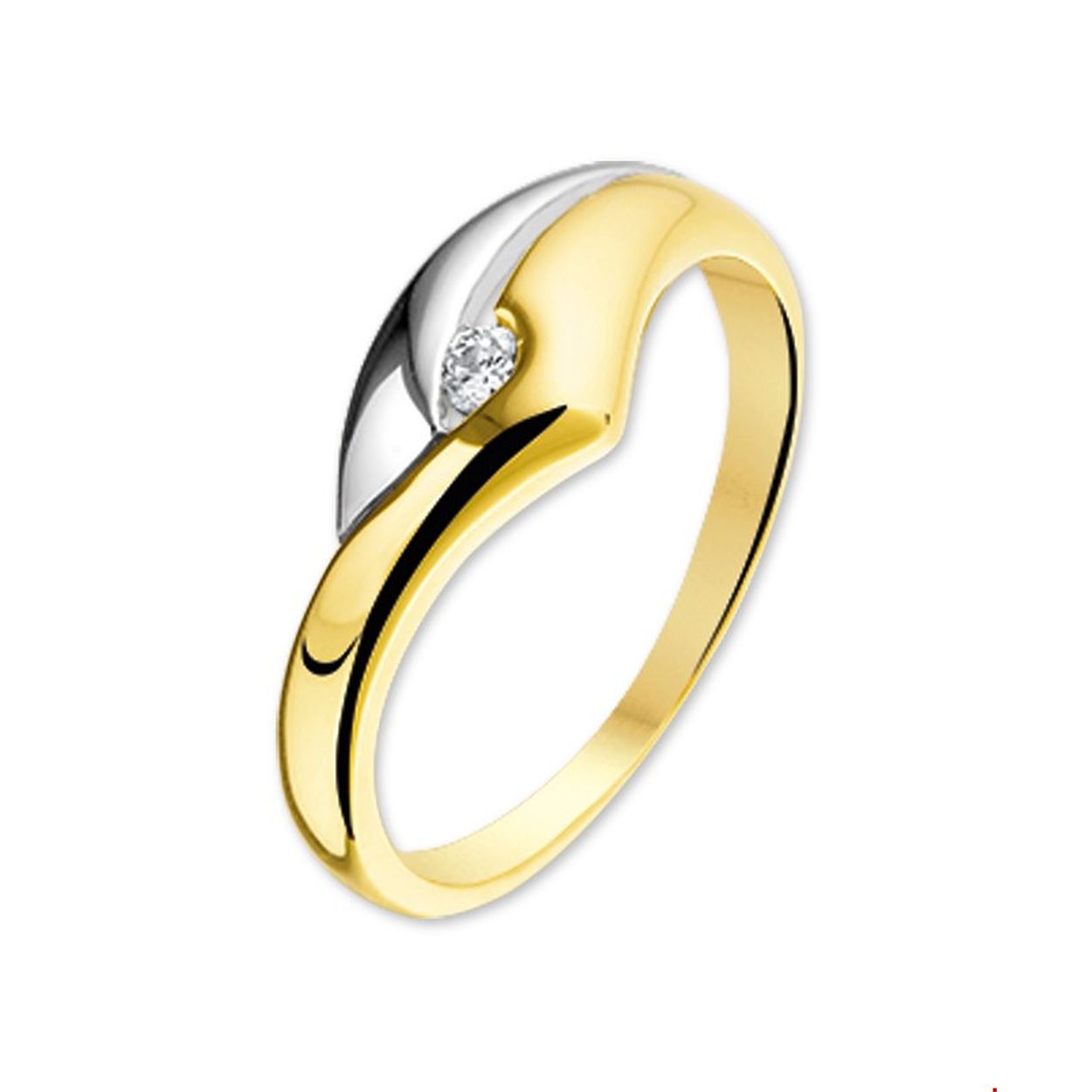 Beschrijving: Bicolor wit- en geelgouden ring met zirkonia. 
Uniekenummer serie: 26667
Verpakt per: 1
Doelgroep: dames
Ringmaat: 17.50 mm (55)
Breedte: 7 mm
Zetting: solitaire (span zetting)