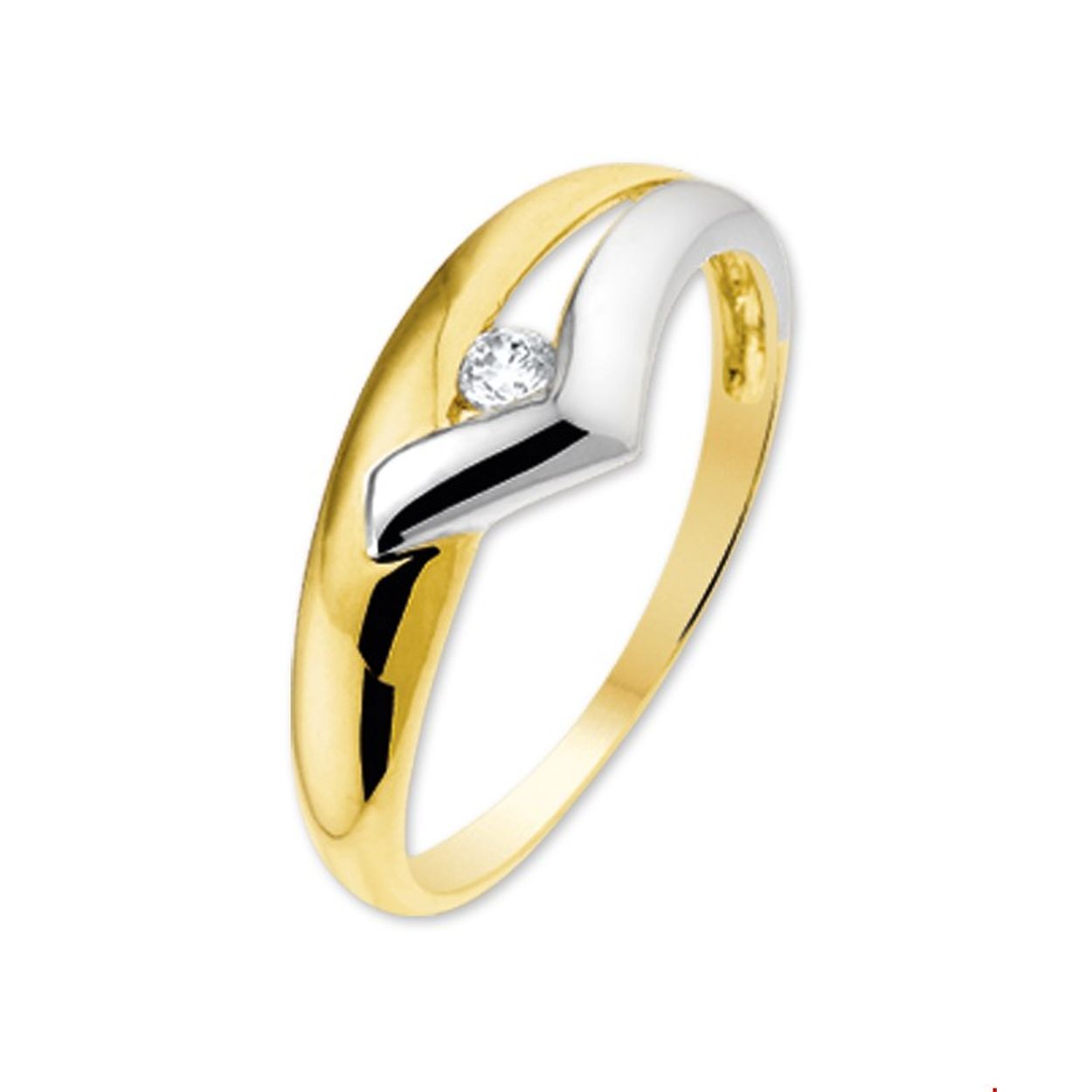 Bicolor wit- en geelgouden ring met zirkonia. 
Uniekenummer serie: 30437
Doelgroep: dames
Ringmaat: 17.50 mm (55)
Zetting: solitaire (span zetting)