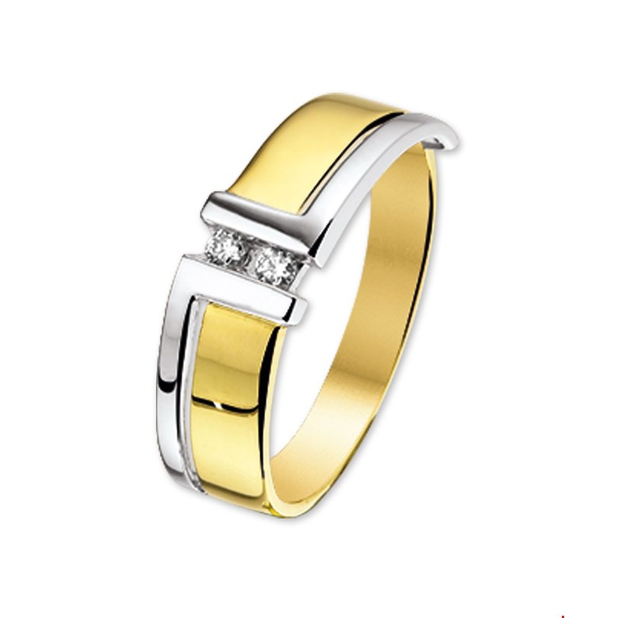 Beschrijving: Bicolor wit- en geelgouden ring met zirkonia. 
Uniekenummer serie: 30443
Verpakt per: 1
Doelgroep: dames
Ringmaat: 18.00 mm (57)
Zetting: solitaire (span zetting)
