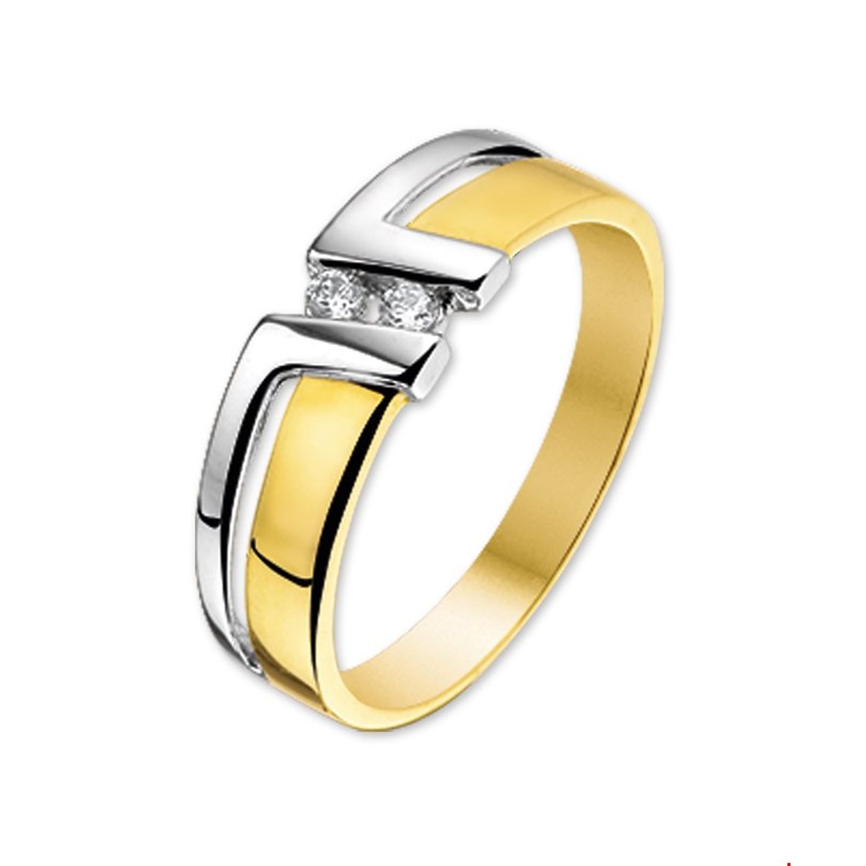 Beschrijving: Bicolor wit- en geelgouden ring met zirkonia. 
Uniekenummer serie: 30445
Verpakt per: 1
Doelgroep: dames
Ringmaat: 19.50 mm (61)
Zetting: solitaire (span zetting)