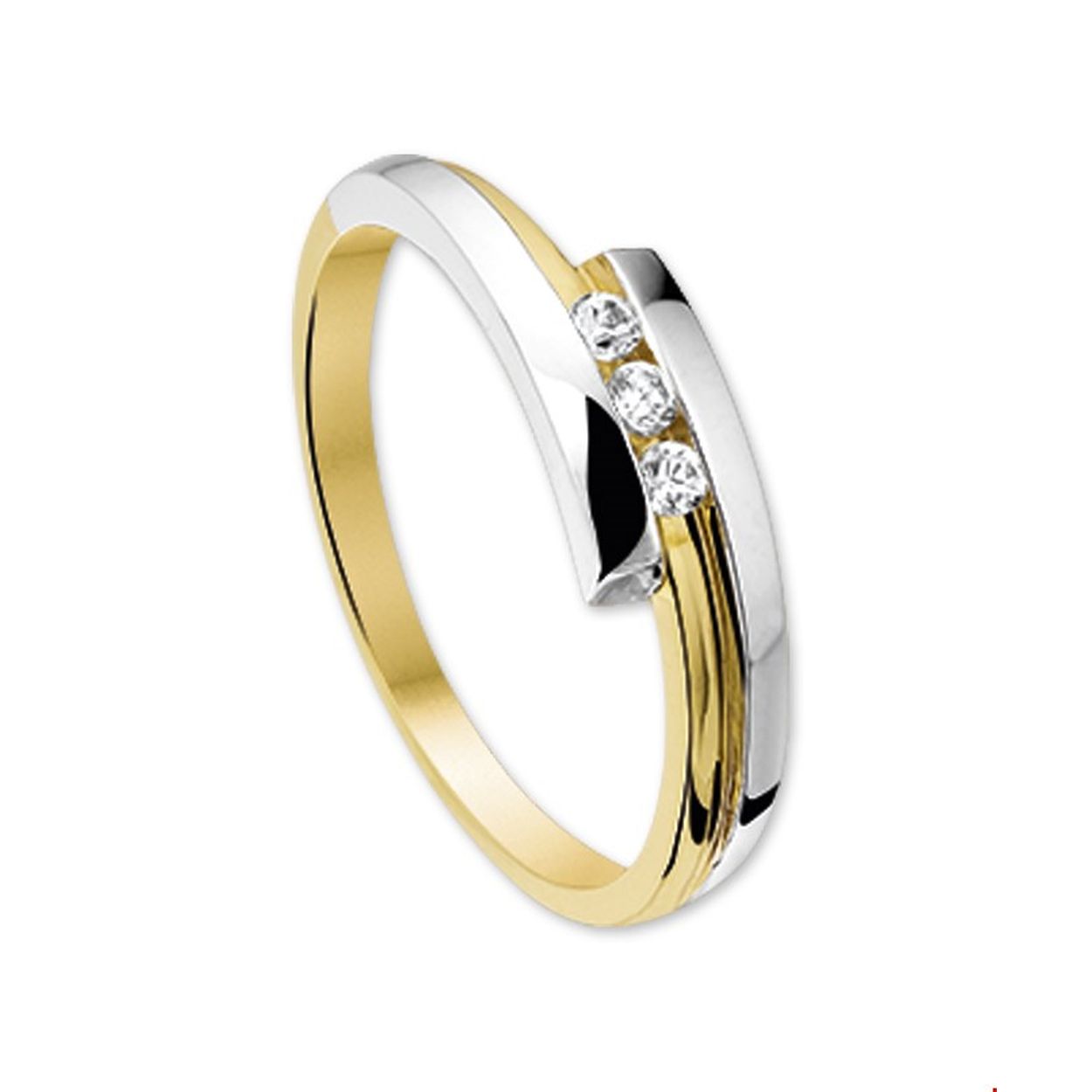 14 karaat gouden bi-color fantasie damesring met 3 zirconias
Ringmaat: 17.00 mm (53)
Zetting: entourage (span zetting)