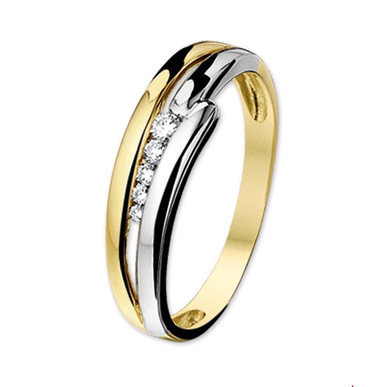 Bicolor wit- en geelgouden ring met diamant. 
Ringmaat: 17.50 mm (55) Breedte: 5.5 mm