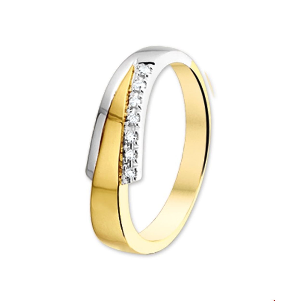 Deze prachtige 14 karaat gouden ring is ingelegd met schitterende briljanten. De ring heeft een diameter van 17.00 mm (maat 53) en een breedte van 6 mm. Draag deze ring als een elegante toevoeging aan je outfit voor zowel alledaagse als speciale gelegenheden. De ring is een tijdloos stuk dat met zorg en vakmanschap is vervaardigd en een mooie glans heeft.