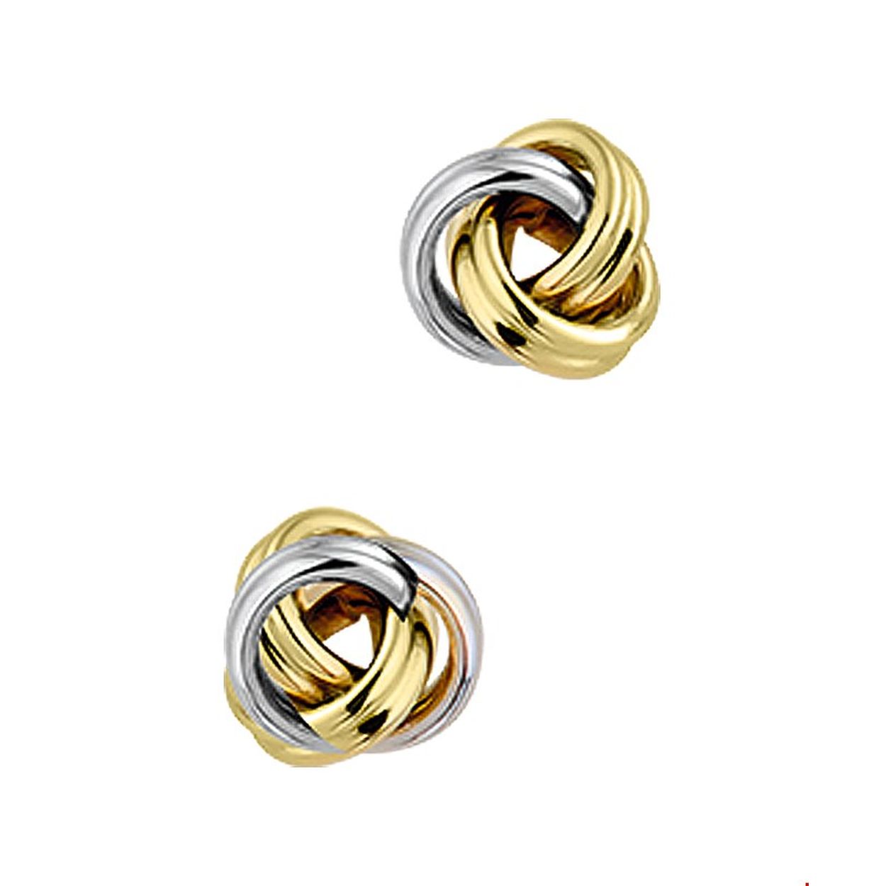 Bicolor wit- en geelgouden oorknoppen met een knoop. 
Uniekenummer serie: 30707
Doelgroep: dames
Breedte: 7.5 mm
Hoogte: 7.5 mm