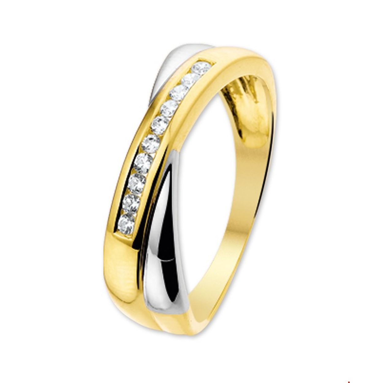 14krt geel- en witgouden ring met zirkonia. 

De maat van de ring is 58 (18.5). Heeft u een andere maat, neem dan gerust contact met ons op.