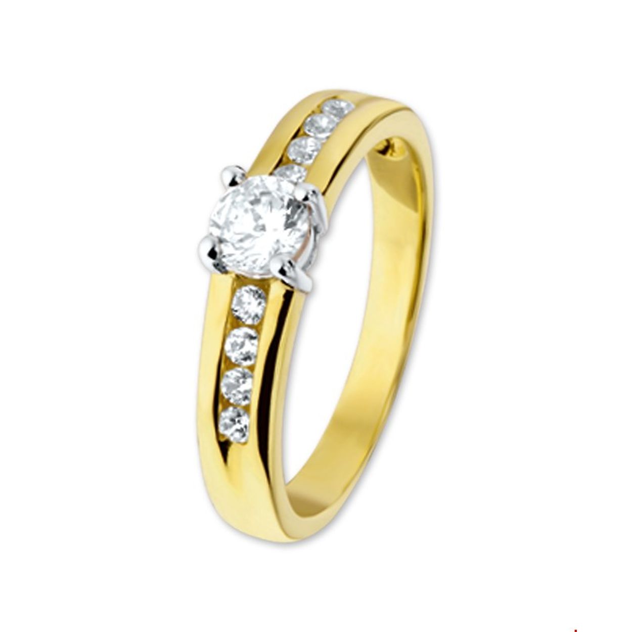 Beschrijving: Bicolor wit- en geelgouden ring met zirkonia. 
Uniekenummer serie: 26699
Verpakt per: 1
Doelgroep: dames
Ringmaat: 15.00 mm (47)
Breedte: 4.5 mm
Zetting: entourage (rijzetting)