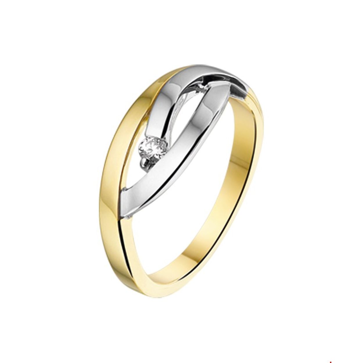 Beschrijving: Bicolor wit- en geelgouden ring met zirkonia. 
Uniekenummer serie: 29316
Verpakt per: 1
Doelgroep: dames
Ringmaat: 17.00 mm (53)
Breedte: 7 mm
Zetting: solitaire (chatonzetting)