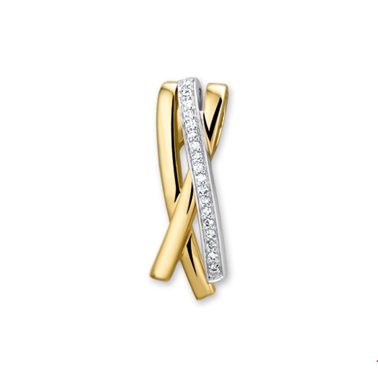 14 Karaat gouden bi-colour fantasie staaf hanger met een rijtje diamantjes in briljant geslepen van 0.076 crt in een staafje gezet. KA4206334
