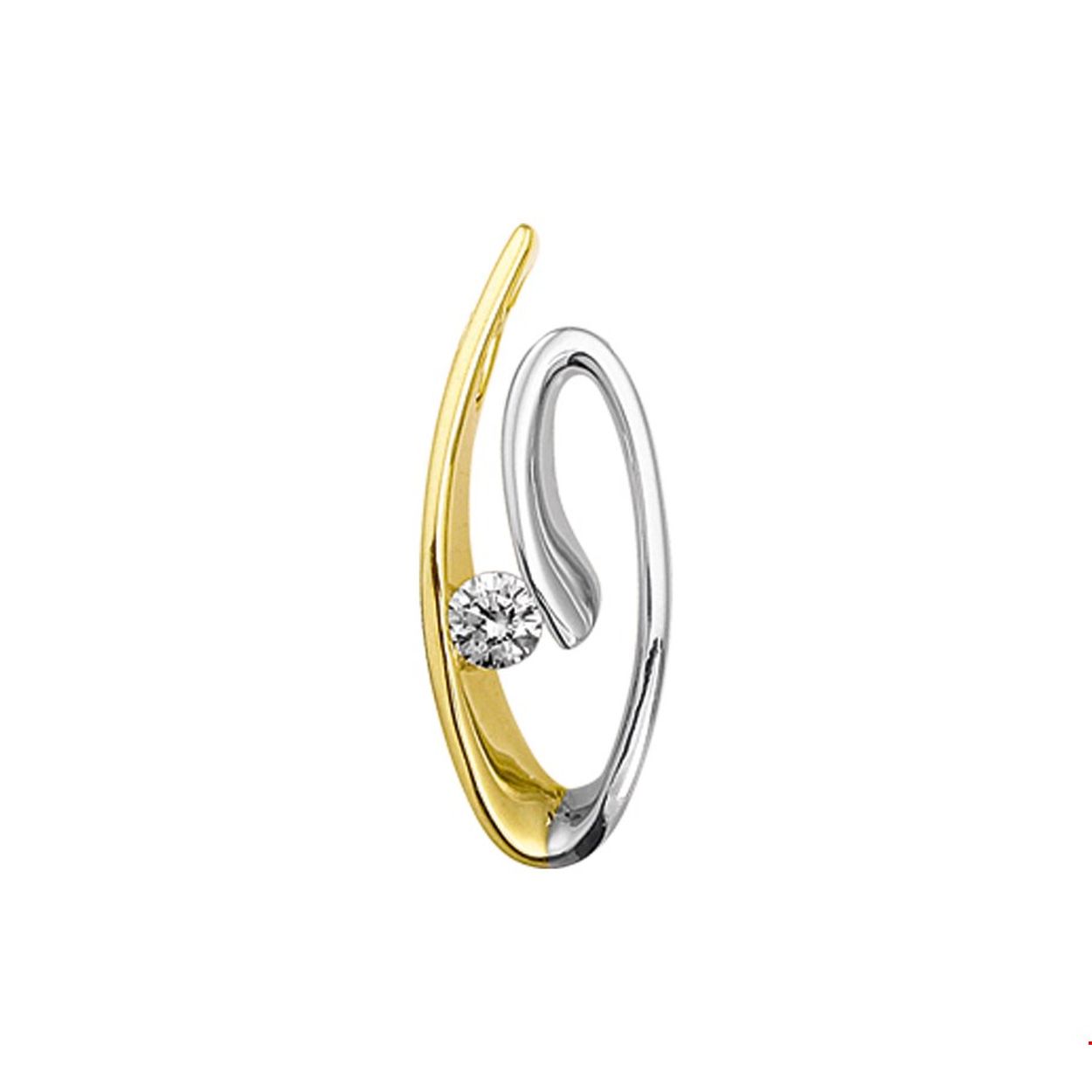 Bicolor wit- en geelgouden hanger met zirkonia. 
Doelgroep: dames
Breedte: 8.5 mm
Hoogte: 22 mm
Zetting: solitaire (span zetting)