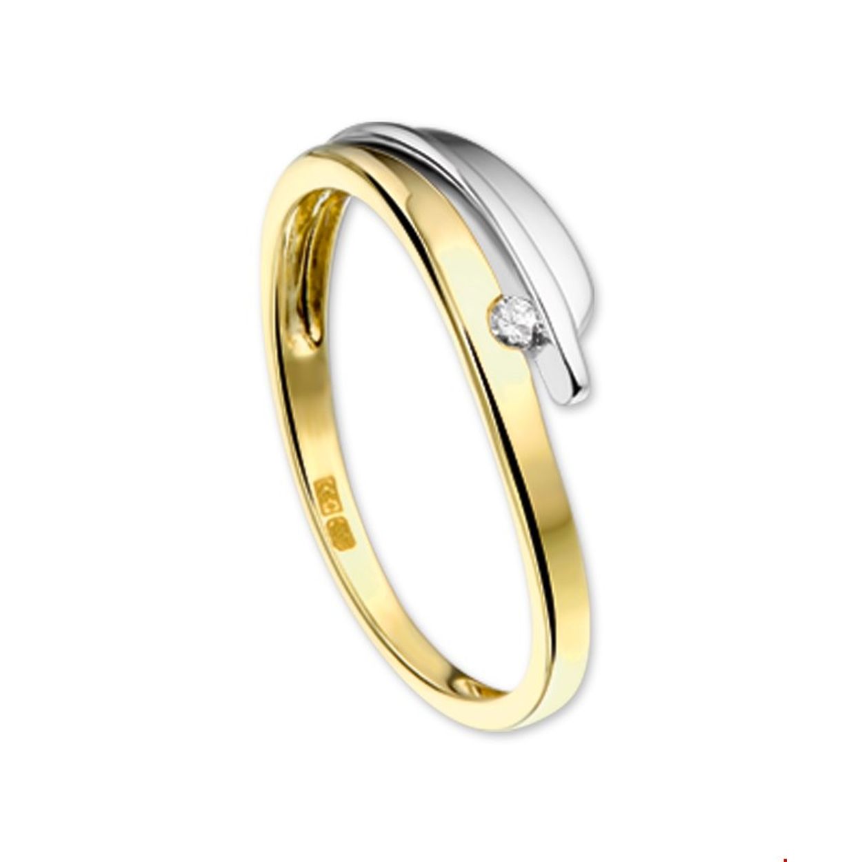 Beschrijving: Bicolor wit- en geelgouden ring met diamant. 
Uniekenummer serie: 29290
Verpakt per: 1
Doelgroep: dames
Ringmaat: 17.50 mm (55)
Breedte: 5.5 mm
Zetting: solitaire (span zetting)