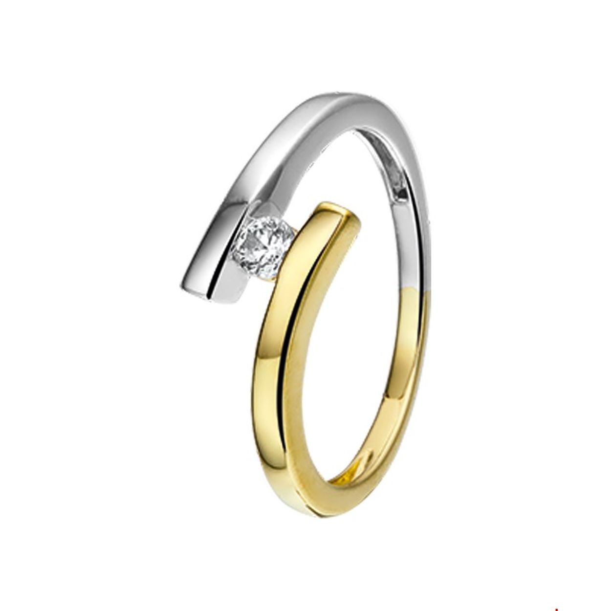Bicolor wit- en geelgouden ring met zirkonia. 
Ringmaat: 18.00 mm (57)
Breedte: 8 mm
Zetting: solitaire (span zetting)