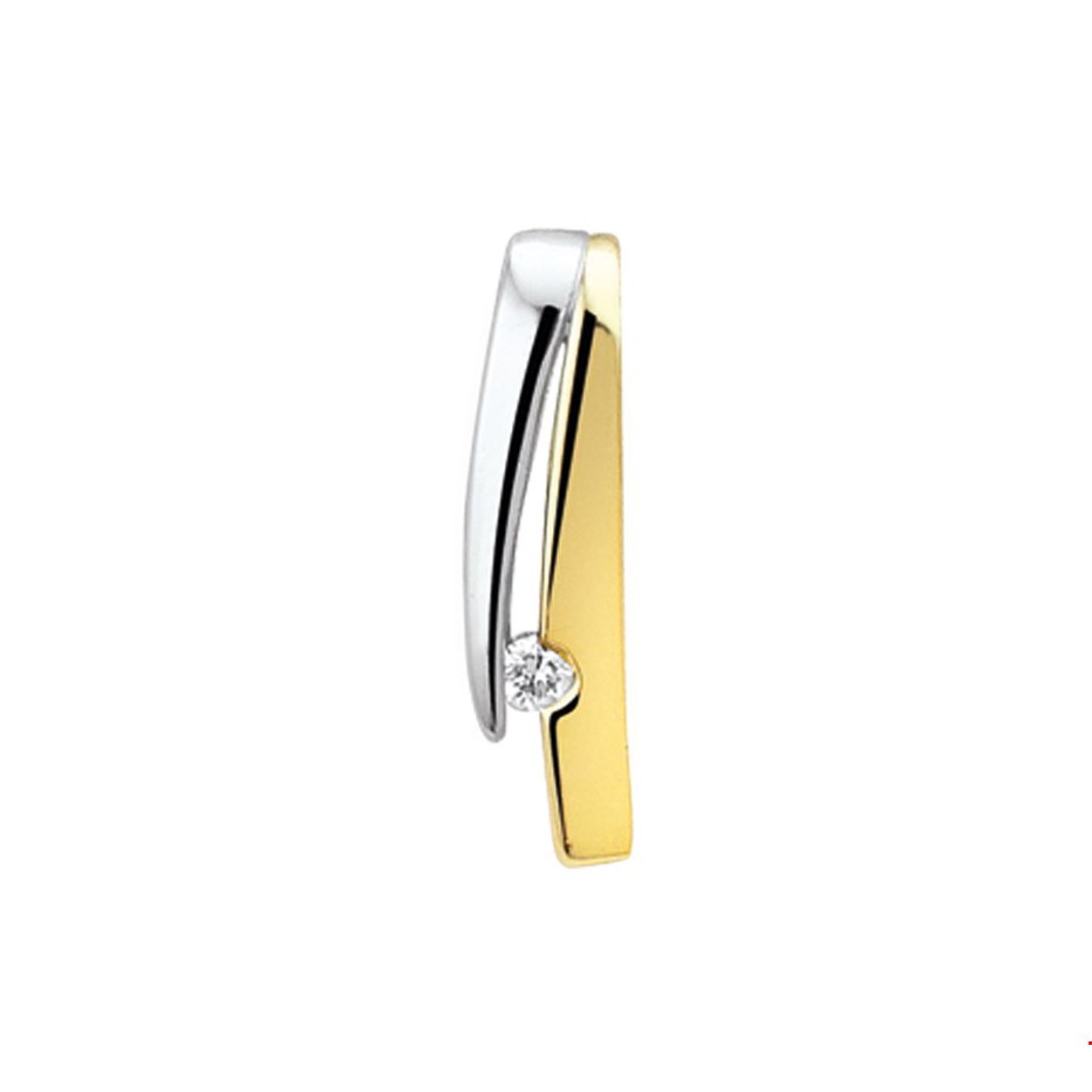 Beschrijving: Bicolor wit- en geelgouden hanger met zirkonia. 
Verpakt per: 1
Doelgroep: dames
Breedte: 4.5 mm
Hoogte: 15.5 mm
Zetting: solitaire (span zetting)