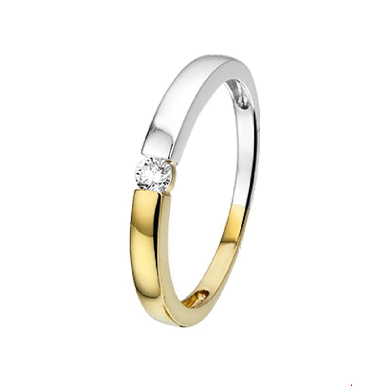 Beschrijving: Bicolor wit- en geelgouden ring met diamant. 
Uniekenummer serie: 32135
Verpakt per: 1
Doelgroep: dames
Ringmaat: 17.00 mm (53)
Zetting: solitaire (span zetting)