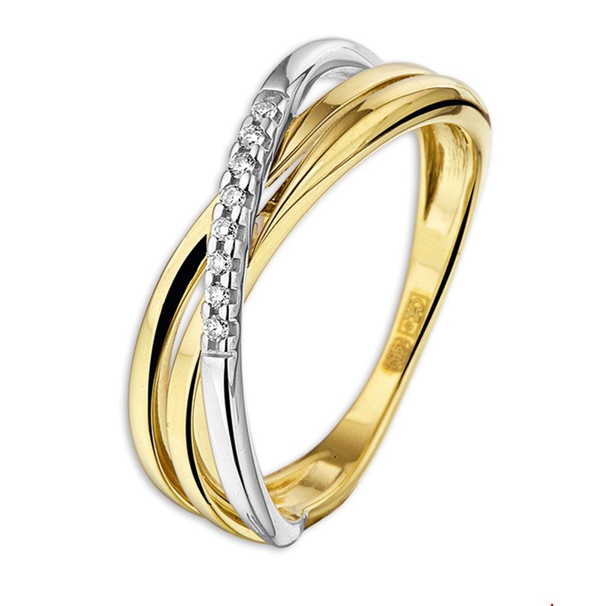 Beschrijving: Bicolor wit- en geelgouden ring met diamant. 
Uniekenummer serie: 26725
Verpakt per: 1
Doelgroep: dames
Ringmaat: 17.00 mm (53)
Breedte: 6.5 mm