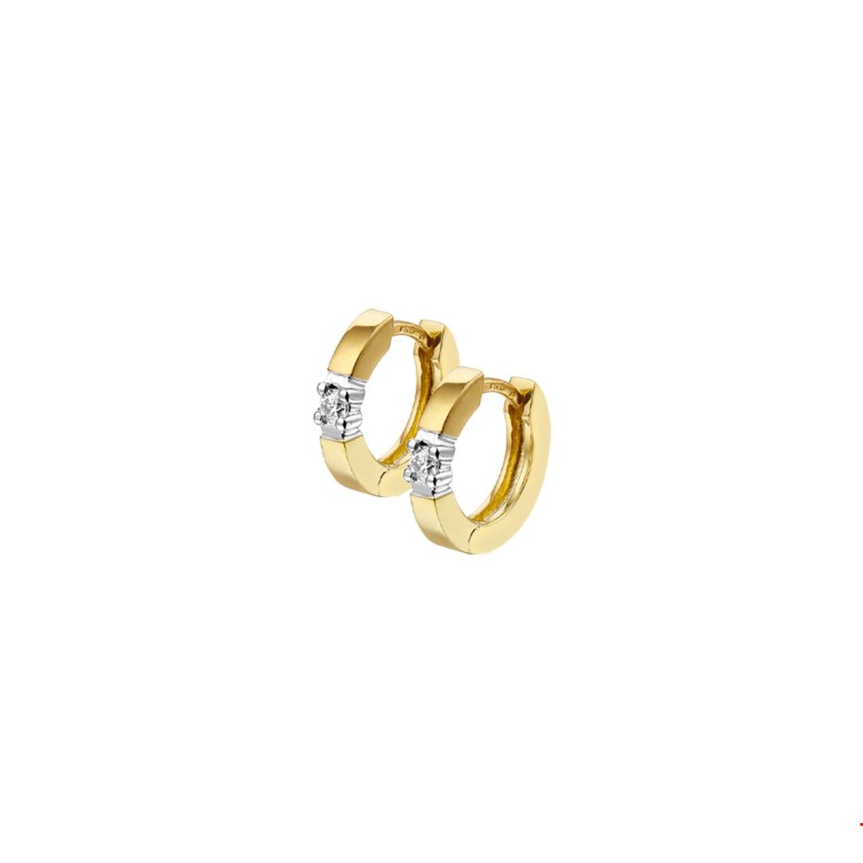 Beschrijving: Bicolor wit- en geelgouden klapcreolen gegoten met diamant. 
Verpakt per: 1
Doelgroep: dames
Breedte: 2.5 mm
Zetting: solitaire (chatonzetting)