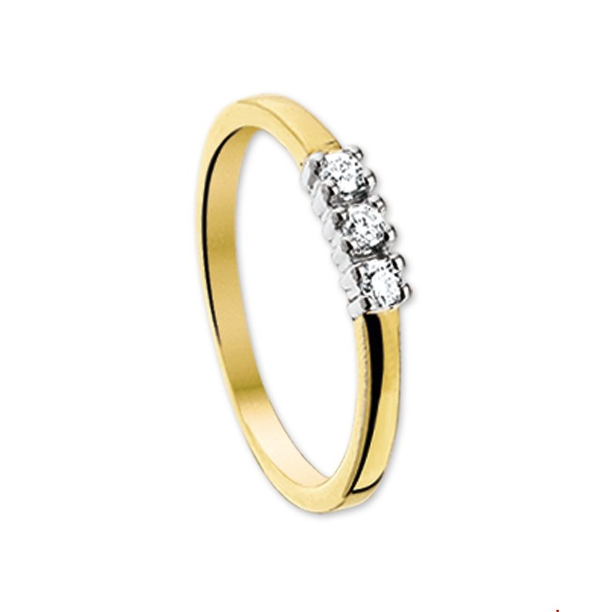 Beschrijving: Bicolor wit- en geelgouden ring met diamant. 
Uniekenummer serie: 26726
Verpakt per: 1
Doelgroep: dames
Ringmaat: 17.50 mm (55)
Breedte: 3 mm
Zetting: alliance (chatonzetting)