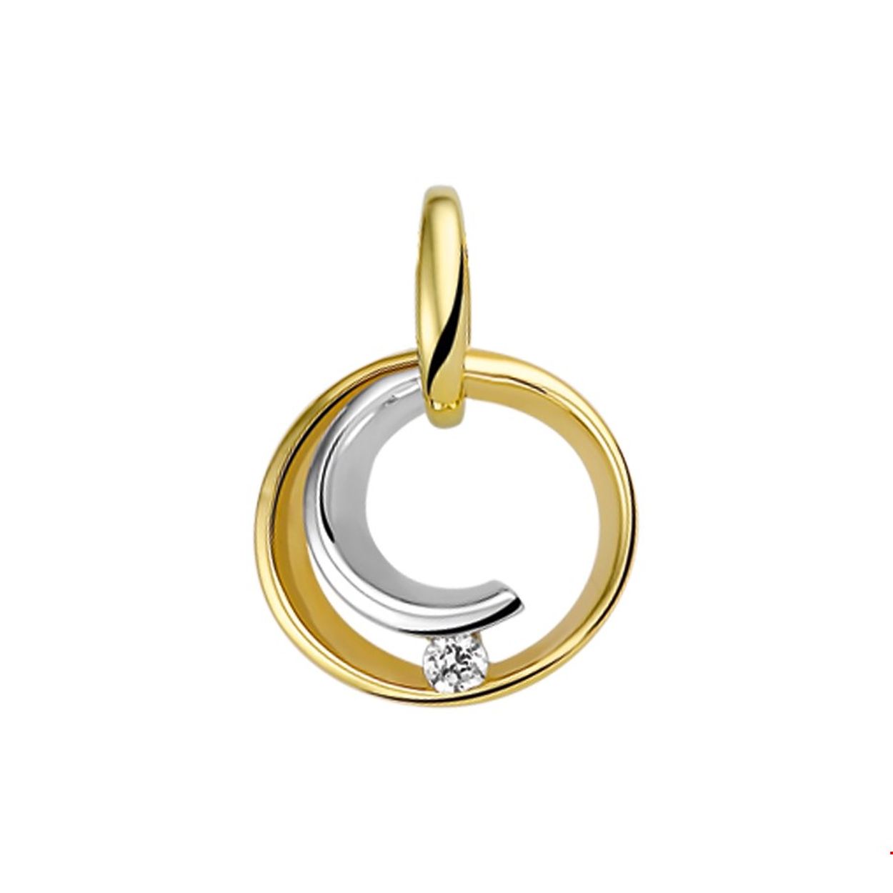 Beschrijving: Bicolor wit- en geelgouden hanger met zirkonia. 
Verpakt per: 1
Doelgroep: dames
Breedte: 13.5 mm
Zetting: solitaire (span zetting)