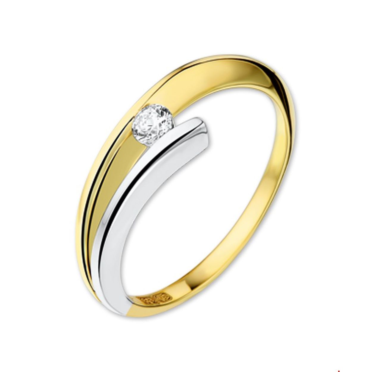 Bicolor wit- en geelgouden ring met zirkonia.
Ringmaat: 18.00 mm (57)
Breedte: 5.5 mm
Zetting: solitaire (span zetting)