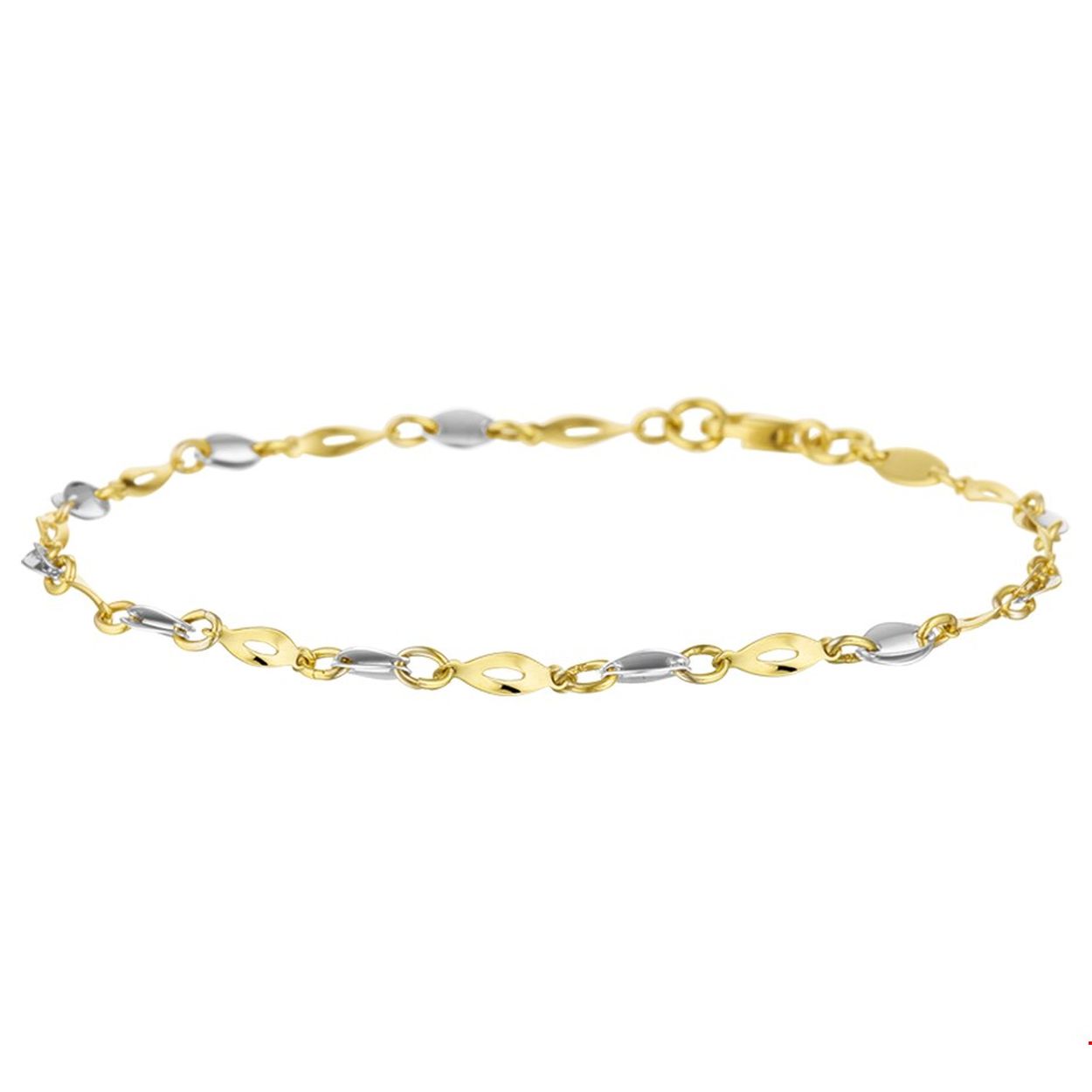 Beschrijving: Bicolor wit- en geelgouden armband.
Verpakt per: 1
Doelgroep: dames
Breedte: 2.5 mm
Langste lengte: 19 mm