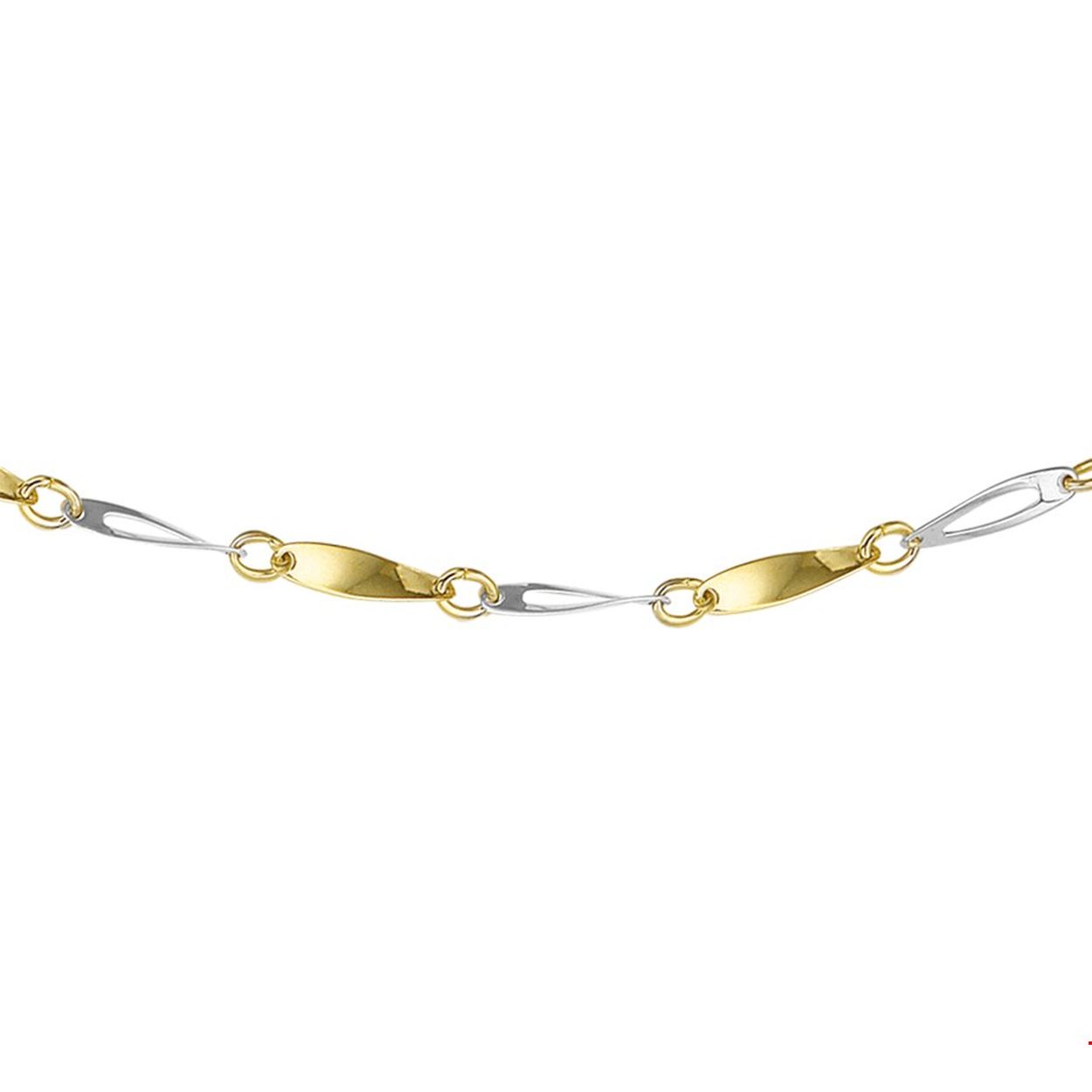 Beschrijving: Bicolor wit- en geelgouden collier.
Verpakt per: 1
Doelgroep: dames
Breedte: 3 mm
Langste lengte: 45 mm
