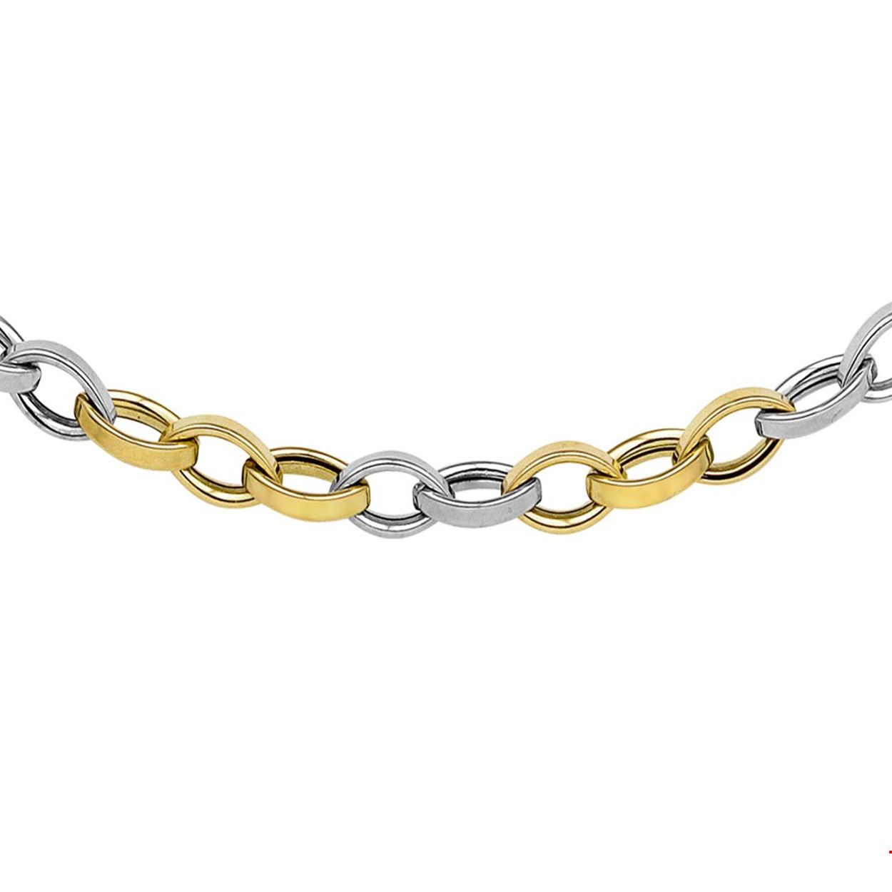 Bicolor wit- en geelgouden collier.
Breedte: 4.5 mm
Langste lengte: 45 mm