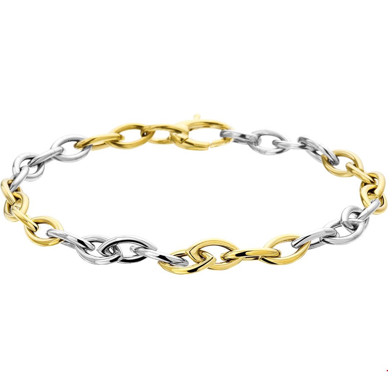 Bicolor wit- en geelgouden armband.
Breedte: 5 mm
Lengte: 19 cm