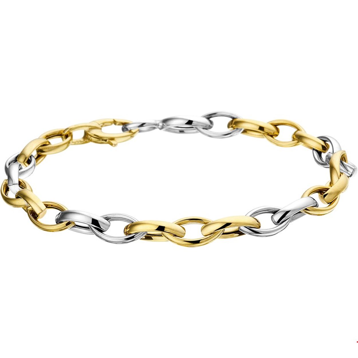 Beschrijving: Bicolor wit- en geelgouden armband.
Verpakt per: 1
Doelgroep: dames
Breedte: 6mm
Langste lengte: 19cm