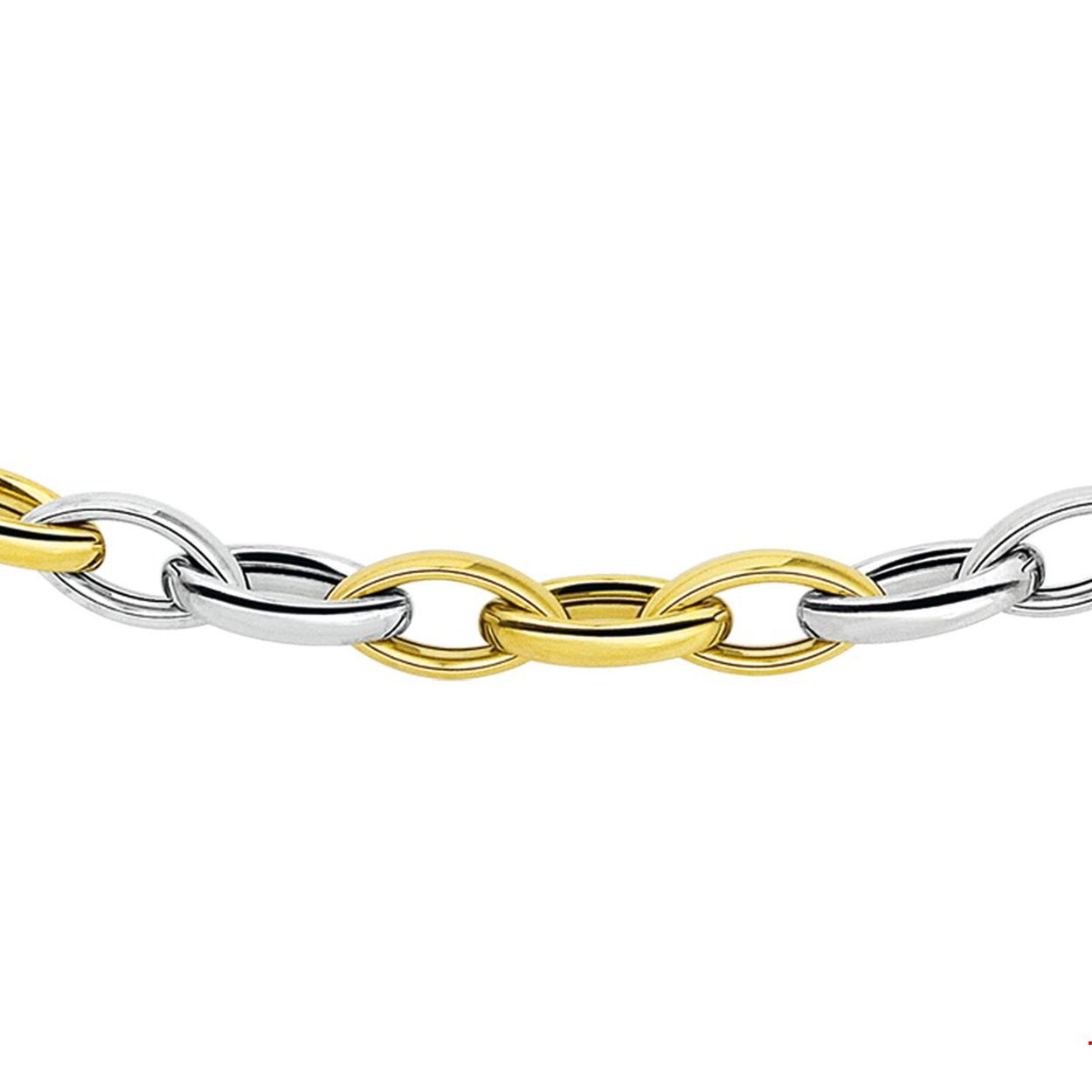 Bicolor wit- en geelgouden collier.
Doelgroep: dames
Breedte: 6mm
Langste lengte: 45cm