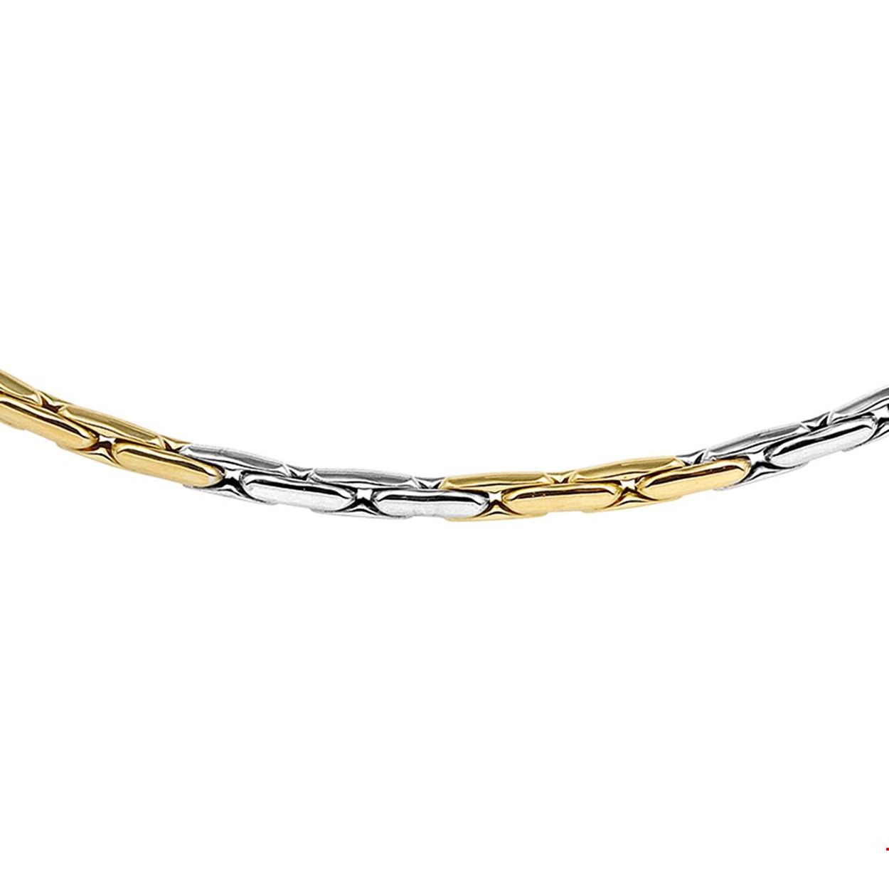 Beschrijving: Bicolor wit- en geelgouden collier.
Verpakt per: 1
Doelgroep: dames
Breedte: 3 mm
Langste lengte: 45 mm