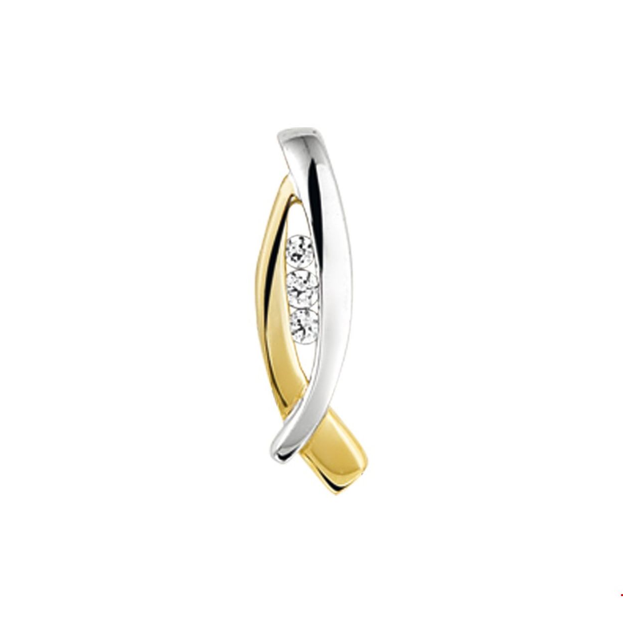Beschrijving: Bicolor wit- en geelgouden hanger met zirkonia. 
Verpakt per: 1
Doelgroep: dames
Breedte: 5.5 mm
Hoogte: 19.5 mm
Zetting: entourage (rail zetting)