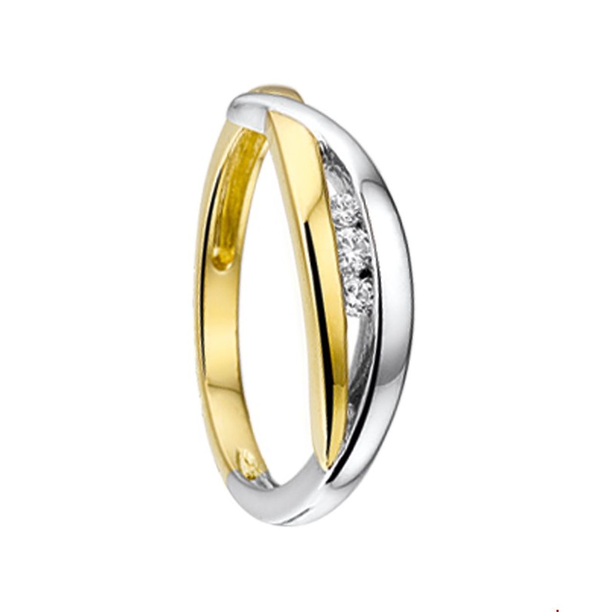 Beschrijving: Bicolor wit- en geelgouden ring met zirkonia. 
Uniekenummer serie: 29979
Verpakt per: 1
Doelgroep: dames
Ringmaat: 17.00 mm (53)
Breedte: 5.5 mm
Zetting: entourage (rail zetting)