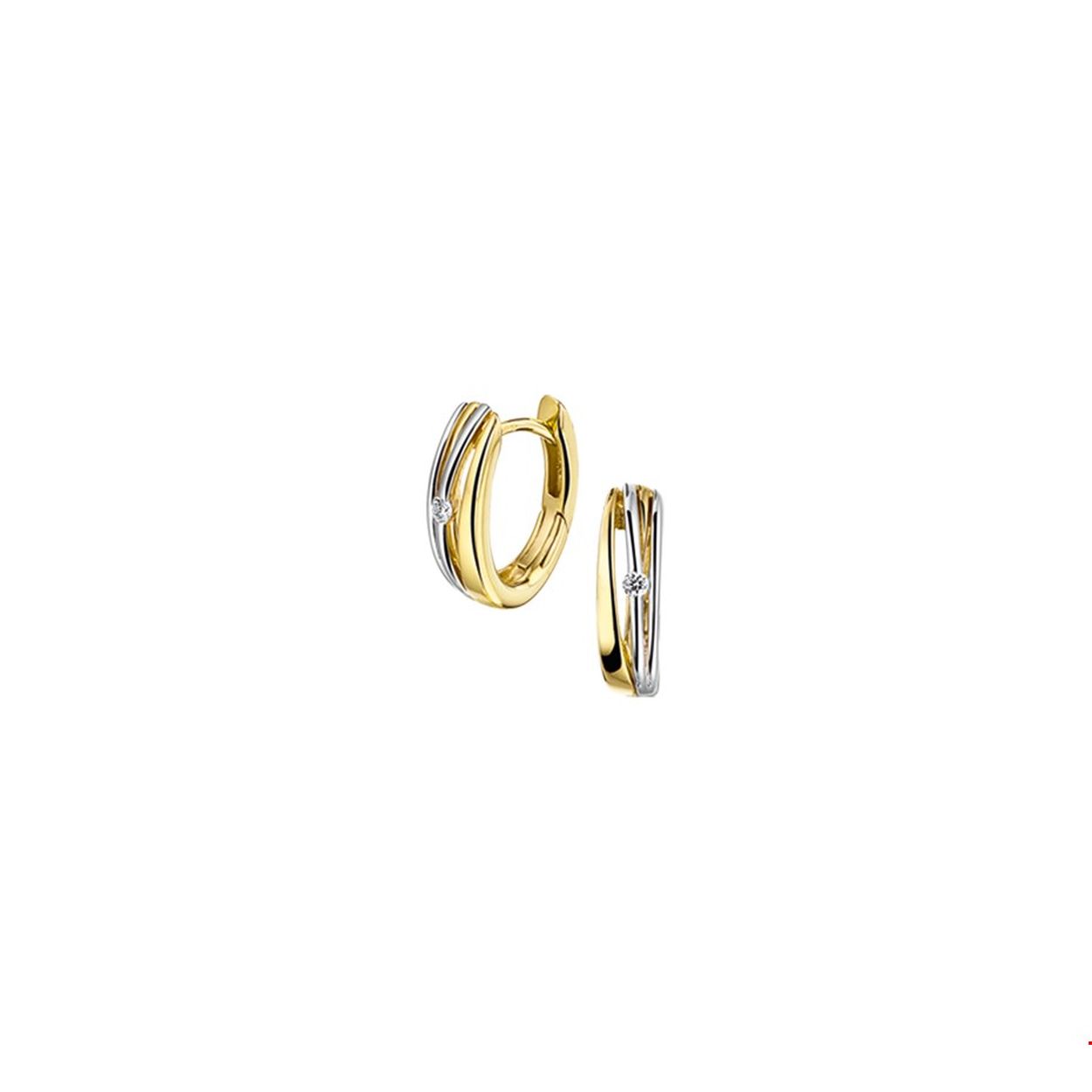 Beschrijving: Bicolor wit- en geelgouden klapcreolen met diamant. 
Doelgroep: dames
Breedte: 4 mm
Hoogte: 13 mm
Zetting: solitaire (span zetting)