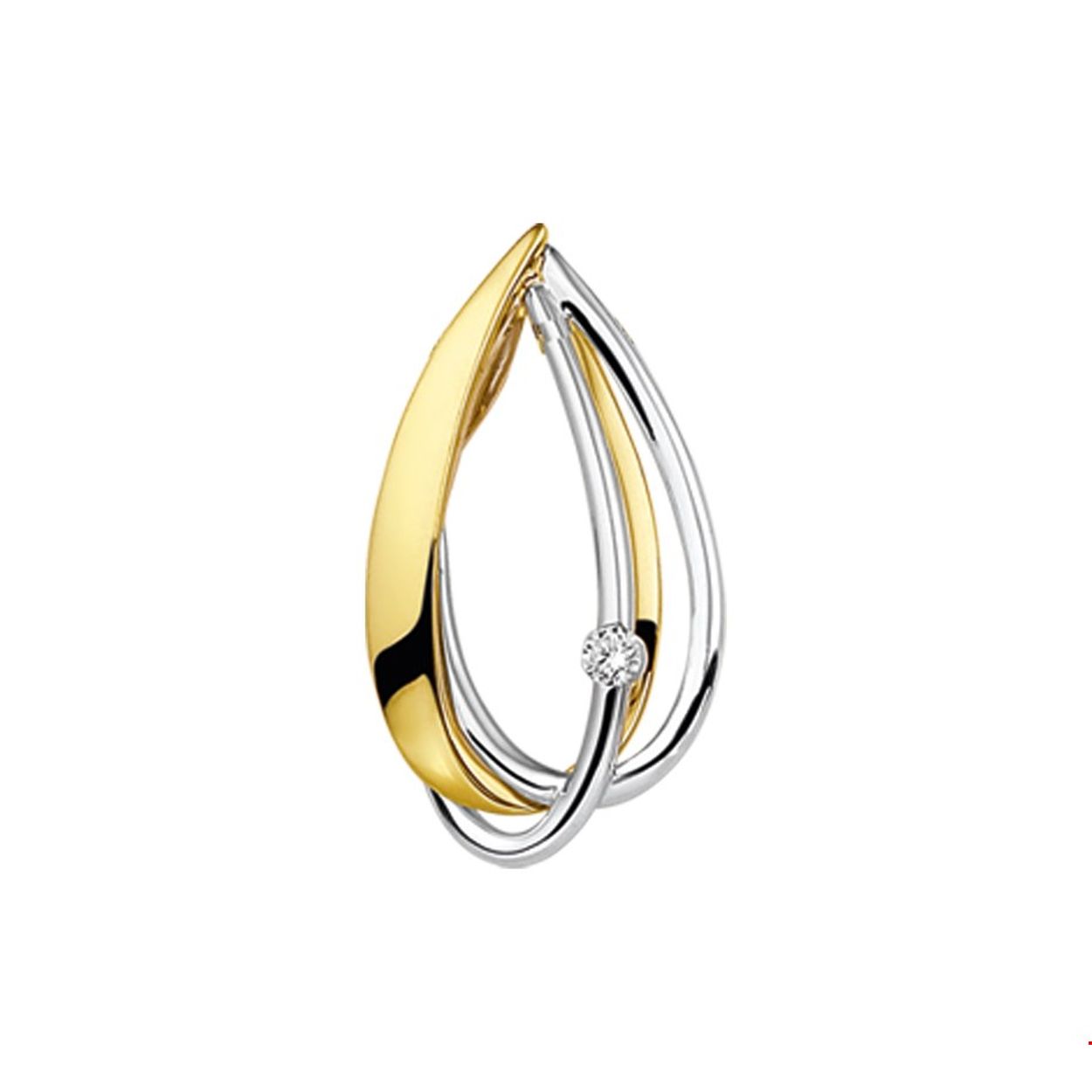 Beschrijving: Bicolor wit- en geelgouden hanger met diamant. 
Verpakt per: 1
Doelgroep: dames
Breedte: 12.5 mm
Hoogte: 22.5 mm
Zetting: solitaire (span zetting)