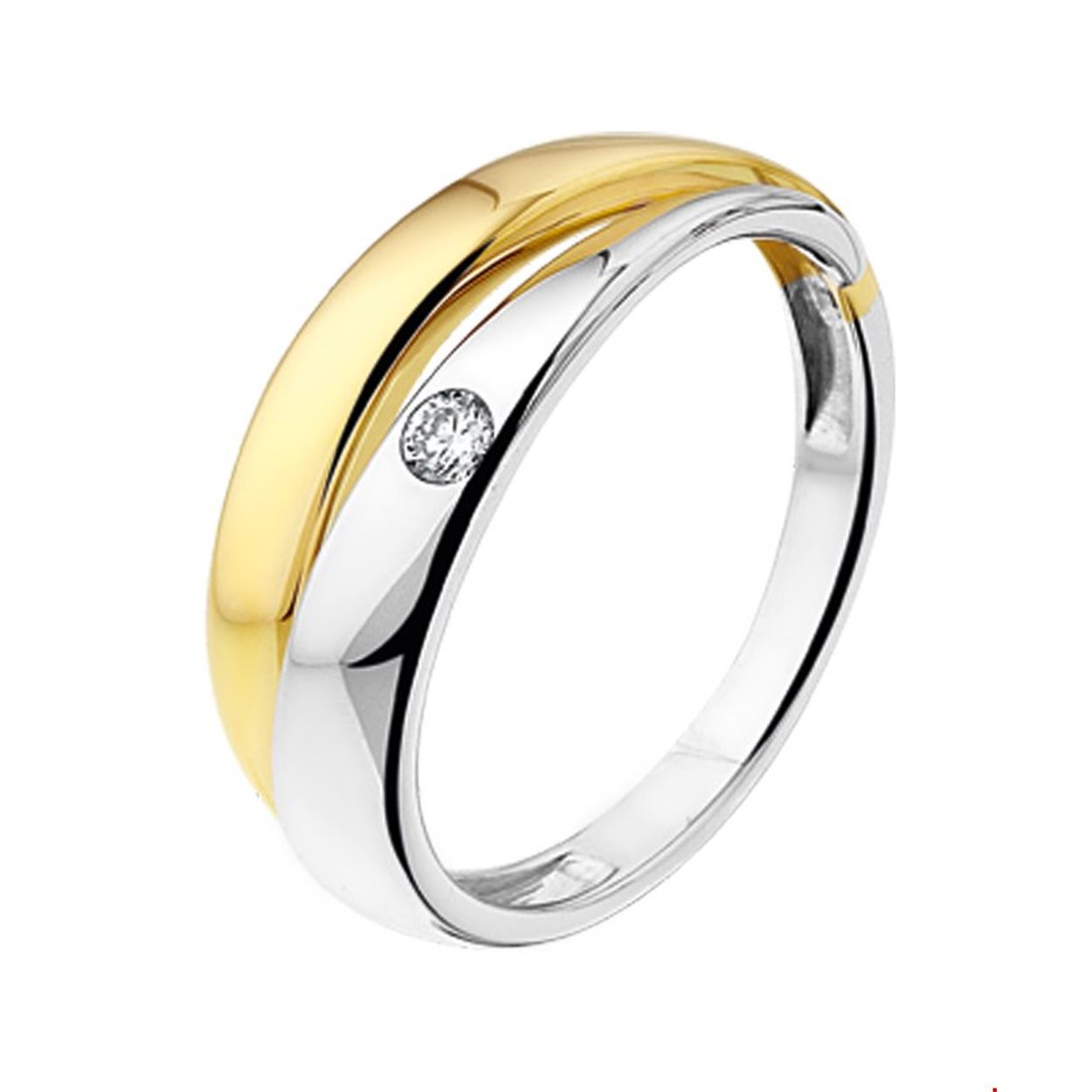 Beschrijving: Bicolor wit- en geelgouden ring met diamant. 
Uniekenummer serie: 32086
Verpakt per: 1
Doelgroep: dames
Ringmaat: 17.00 mm (53)
Breedte: 5 mm
Zetting: solitaire