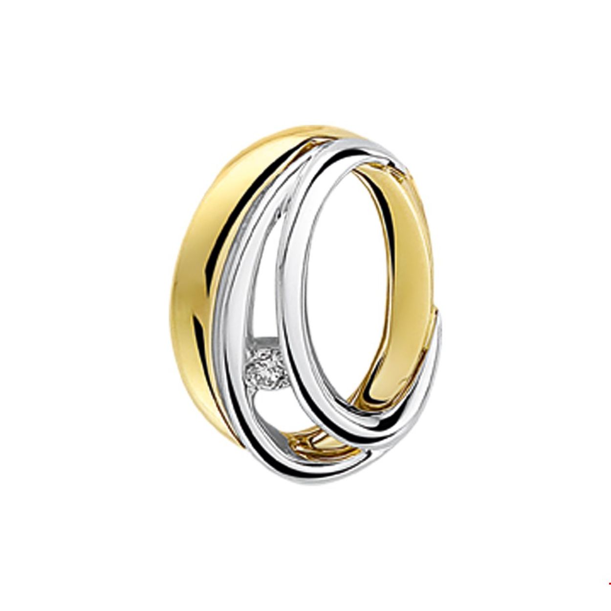 Beschrijving: Bicolor wit- en geelgouden hanger met diamant. 
Verpakt per: 1
Doelgroep: dames
Breedte: 11.5 mm
Hoogte: 15.5 mm
Zetting: solitaire (span zetting)