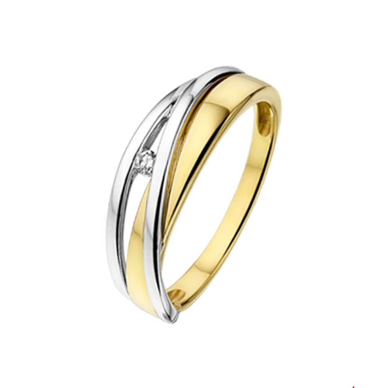 Beschrijving: Bicolor wit- en geelgouden ring met diamant. 
Uniekenummer serie: 32228
Verpakt per: 1
Doelgroep: dames
Ringmaat: 17.50 mm (55)
Breedte: 6 mm
Zetting: solitaire (span zetting)