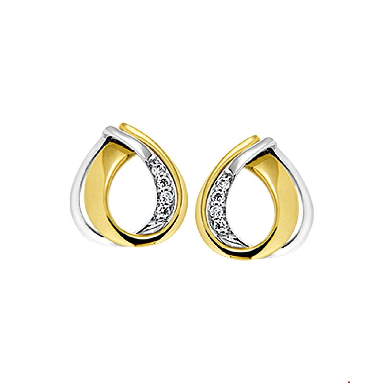 Bicolor wit- en geelgouden oorknoppen met diamant. 
Doelgroep: dames
Breedte: 8.5 mm
Hoogte: 9.5 mm