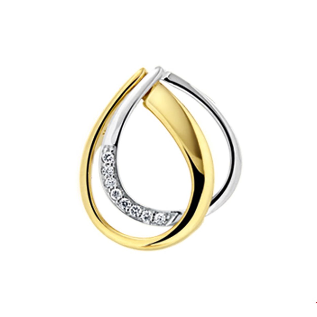 Beschrijving: Bicolor wit- en geelgouden hanger met diamant. 
Verpakt per: 1
Doelgroep: dames
Breedte: 13.5 mm
Hoogte: 15 mm