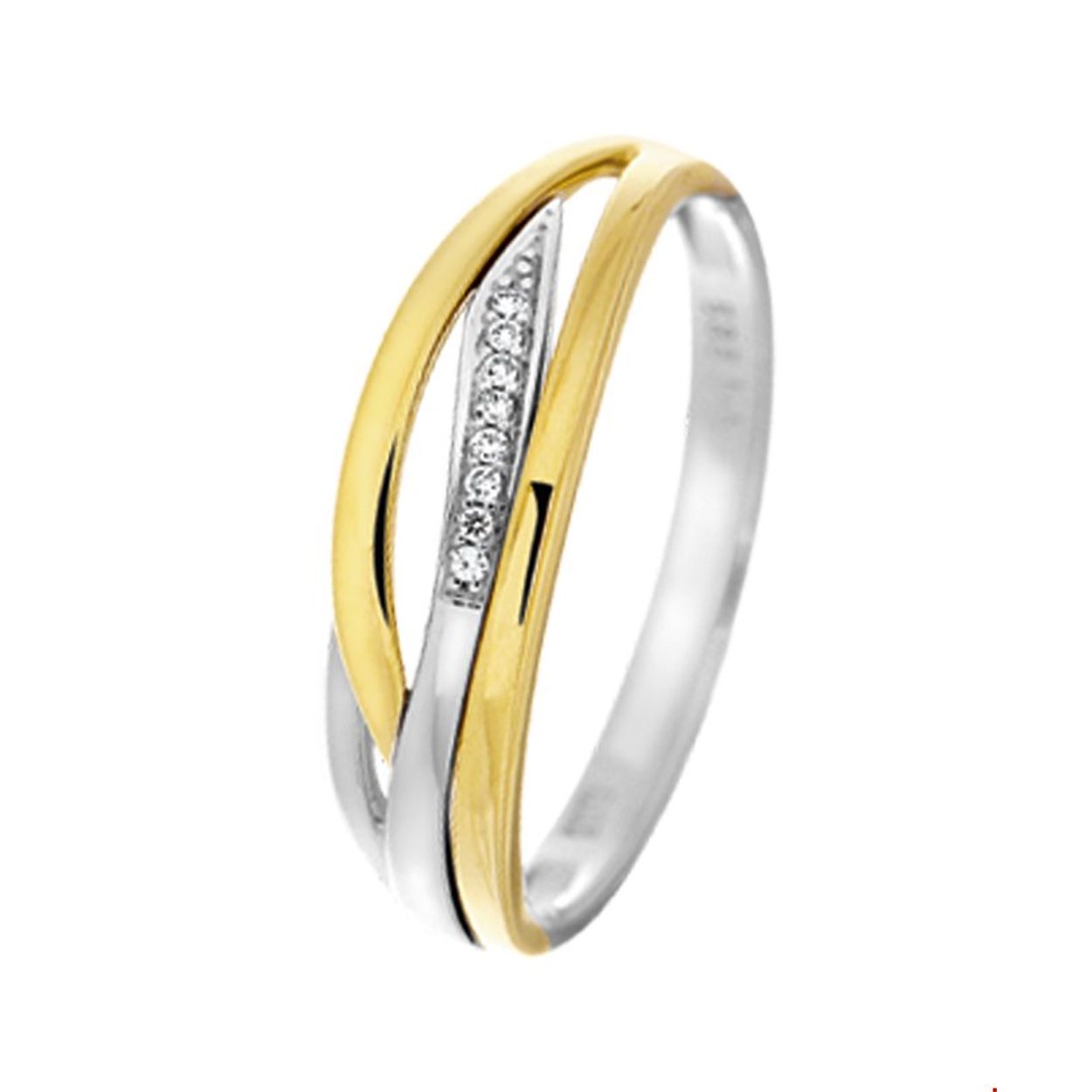Bicolor wit- en geelgouden ring met diamant. 
Uniekenummer serie: 32644
Verpakt per: 1
Doelgroep: dames
Ringmaat: 17.50 mm (55)
Breedte: 6.5 mm