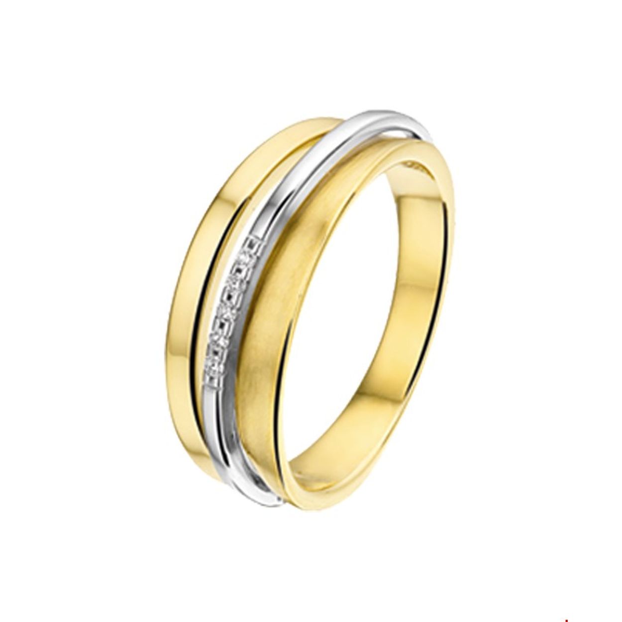 Beschrijving: Bicolor wit- en geelgouden ring met diamant. 
Uniekenummer serie: 33288
Verpakt per: 1
Doelgroep: dames
Ringmaat: 17.50 mm (55)
Breedte: 6.5 mm