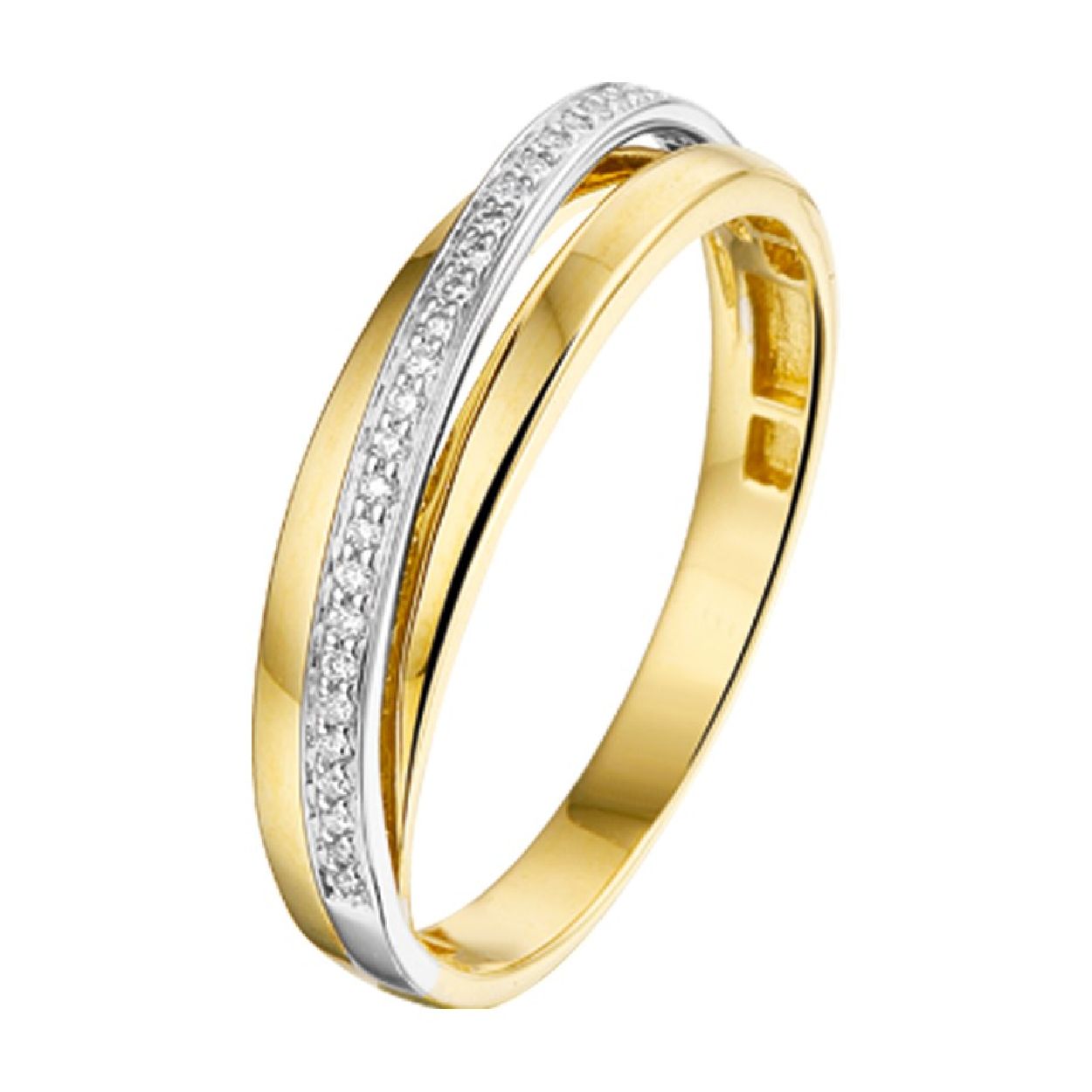 De ring is gemaakt van bicolor goud en is goudkleurig. Het is een sieraad voor dames.