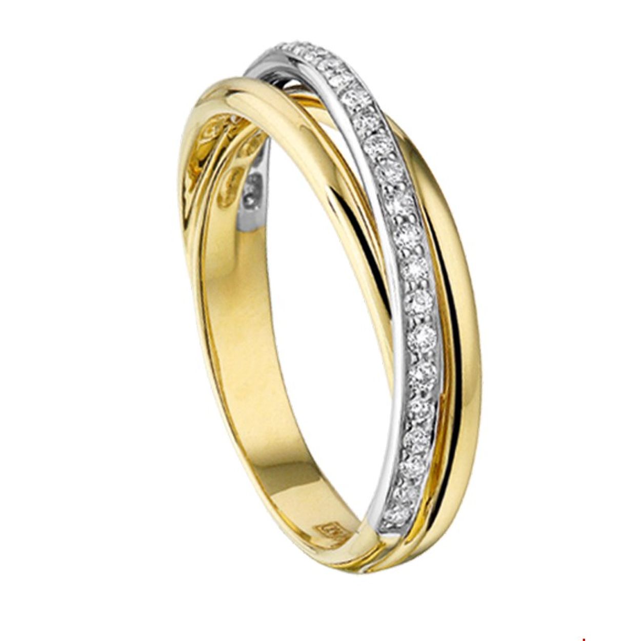 Een bicolor gouden ring met sierlijke banden gezet met 0.22 H-SI diamant. Ringmaat: 17.50 mm (55) 
Breedte: 4.5 mm