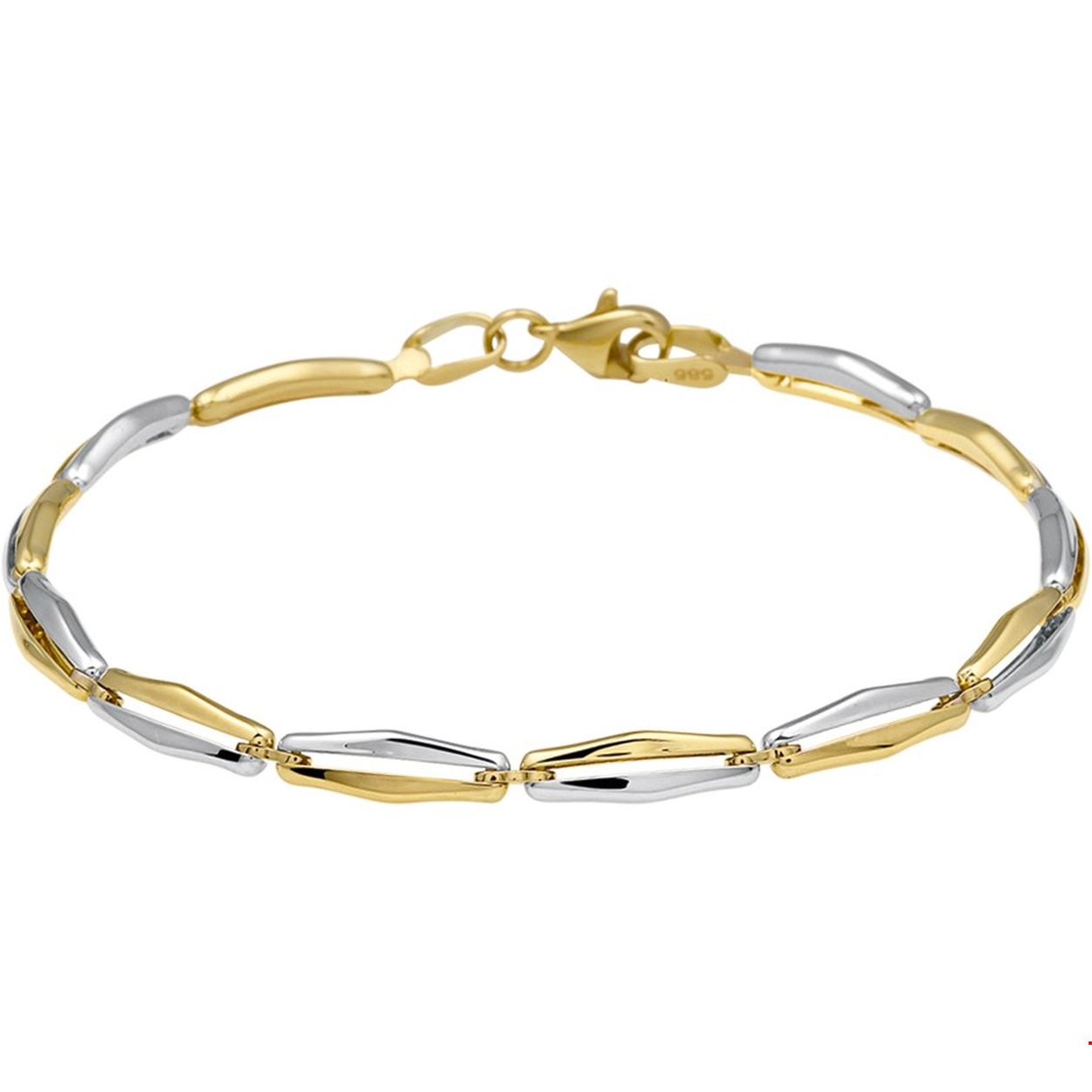 Beschrijving: Bicolor wit- en geelgouden schakelarmband. 
Verpakt per: 1
Doelgroep: dames
Breedte: 4 mm
Langste lengte: 19 mm