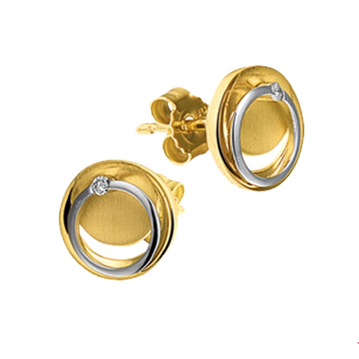 Beschrijving: Bicolor wit- en geelgouden oorknoppen met diamant en een poli/matte afwerking. 
Doelgroep: dames