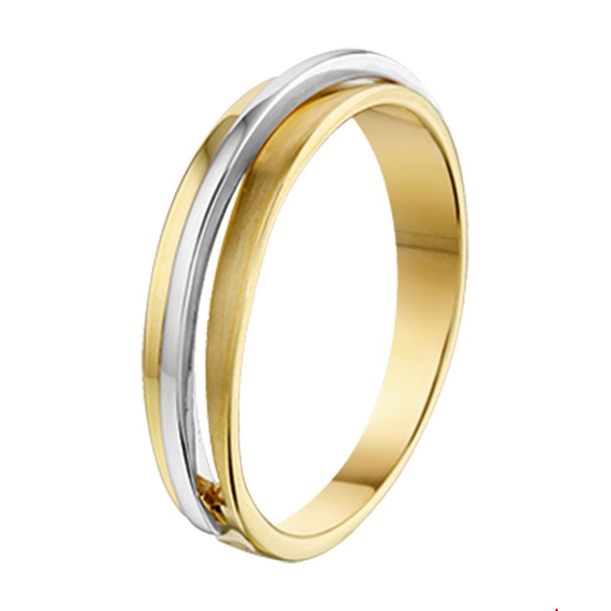 Beschrijving: Bicolor wit- en geelgouden ring met een poli/matte afwerking. 
Uniekenummer serie: 33921
Verpakt per: 1
Doelgroep: dames
Ringmaat: 18.00 mm (57)
Breedte: 4.5 mm