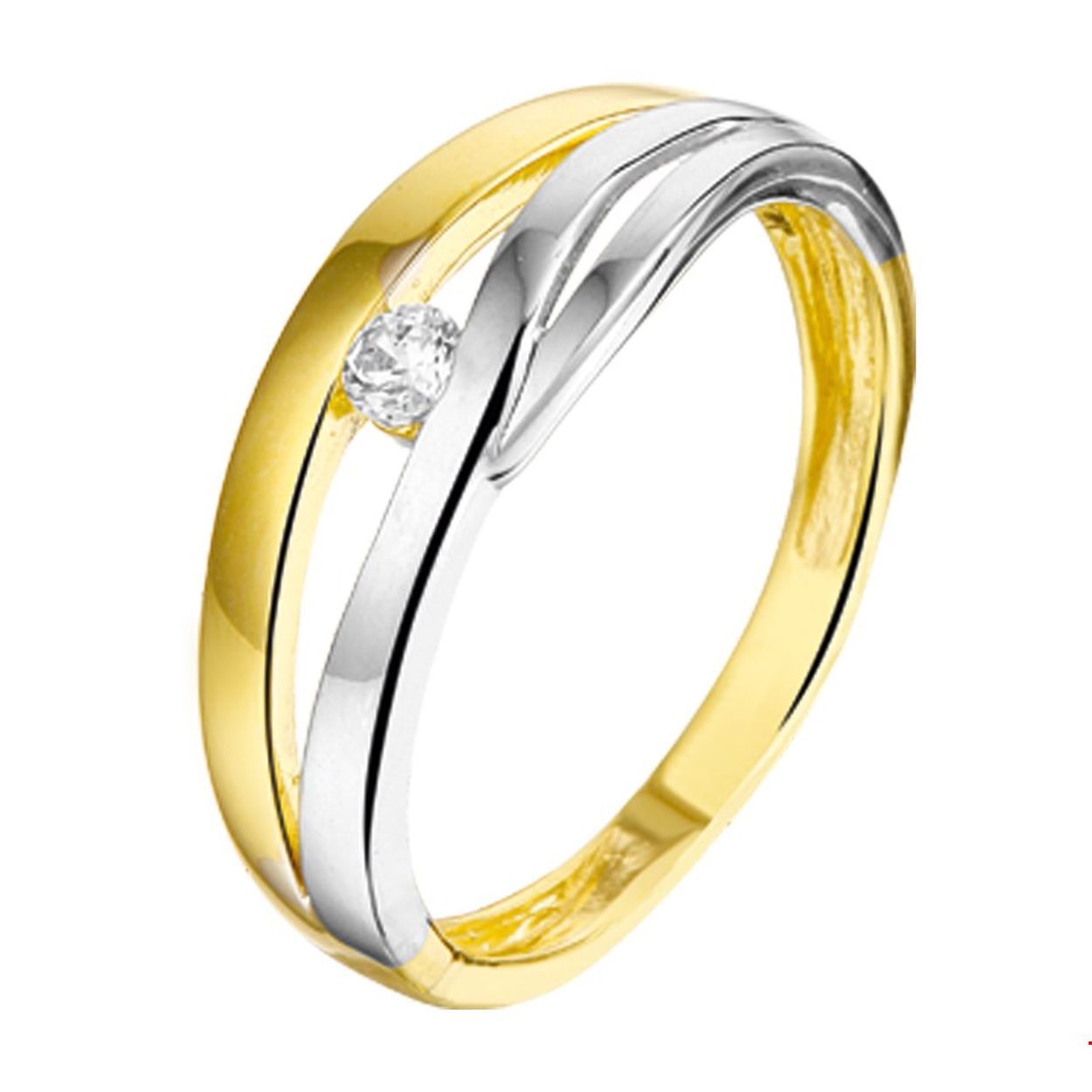 Beschrijving: Bicolor wit- en geelgouden ring met zirkonia. 
Uniekenummer serie: 34170
Verpakt per: 1
Doelgroep: dames
Ringmaat: 17.75 mm (56)
Breedte: 6.5 mm
Zetting: solitaire (span zetting)
