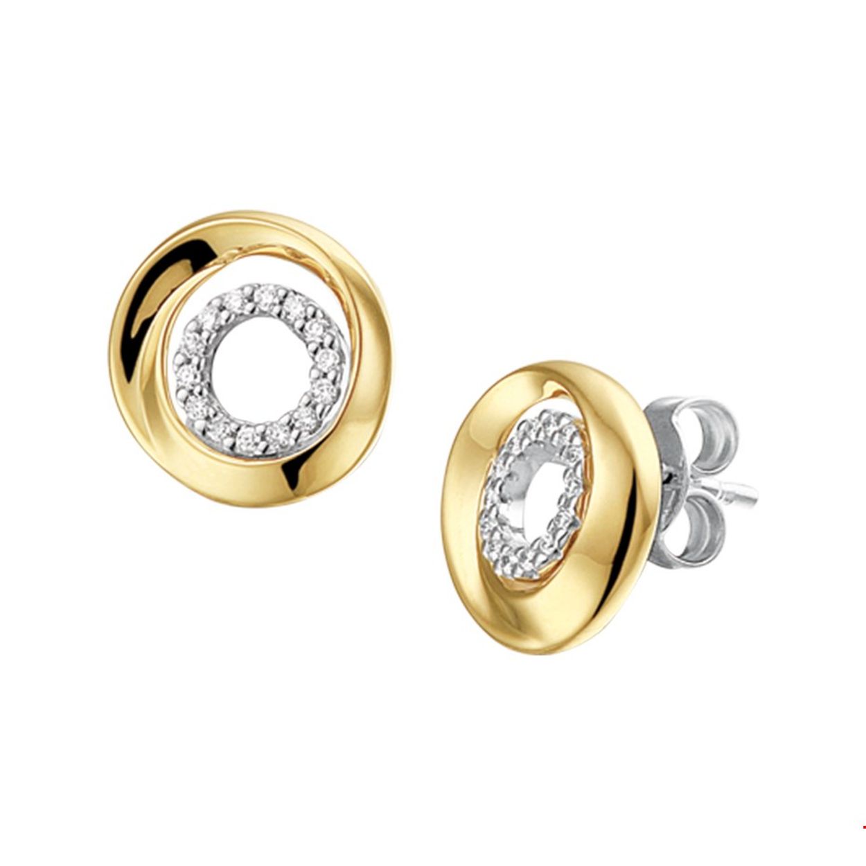 Bicolor 14kt. gouden oorstekers met cirkel van diamant; 2x0.05ct. (H-Si) totaal 0.10ct., doorsnede oorstekers 11mm.