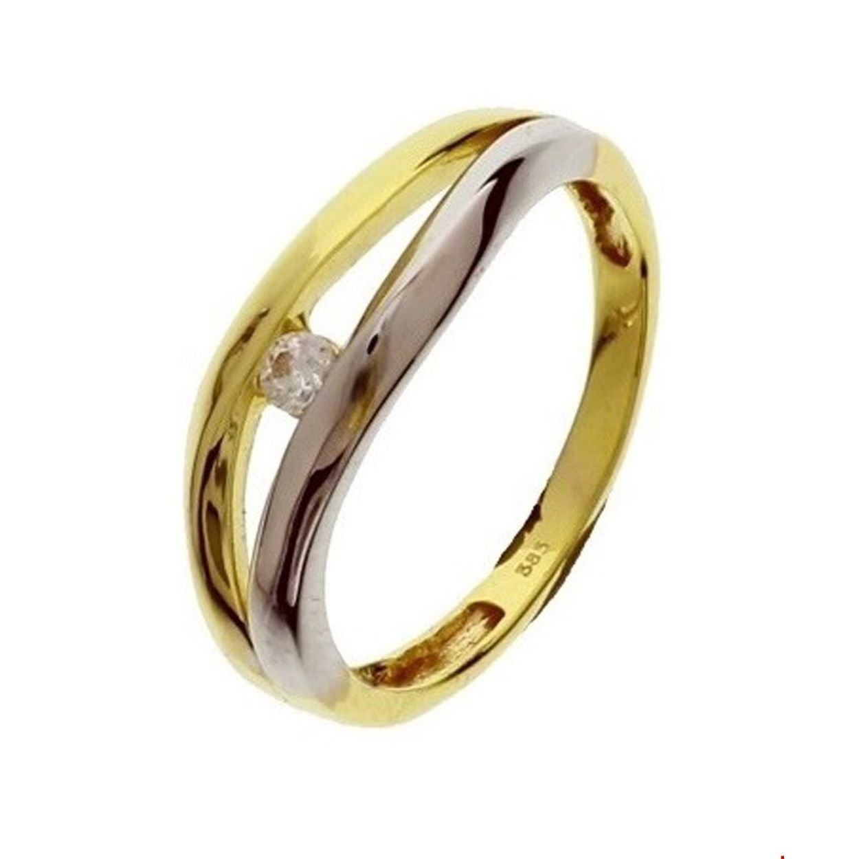 Bicolor wit- en geelgouden ring met zirkonia. 
Ringmaat: 17.75 mm (56)
Breedte: 6.5 mm
Zetting: solitaire (span zetting)