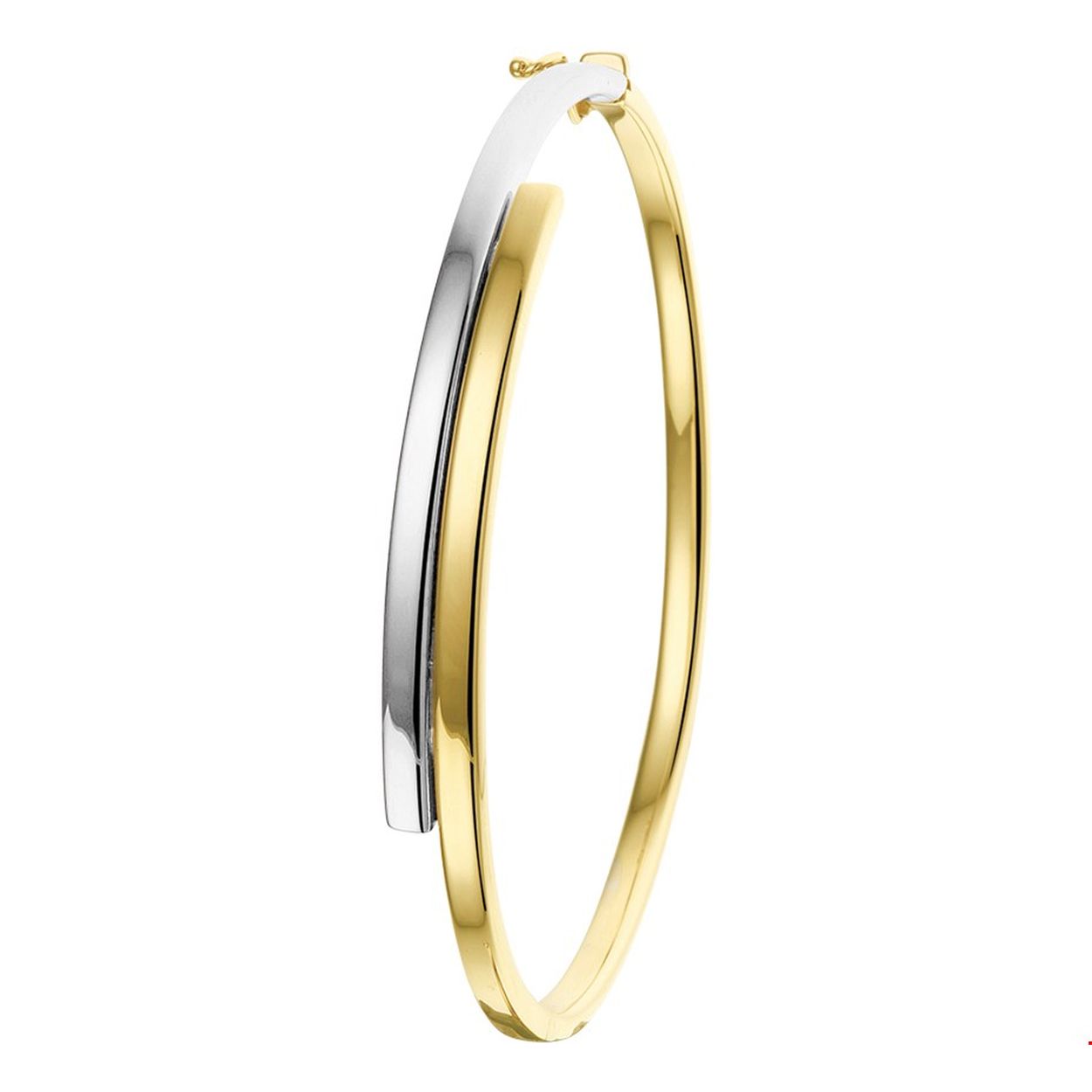 Bicolor wit- en geelgouden slavenarmband. 
Breedte: 6.5 mm